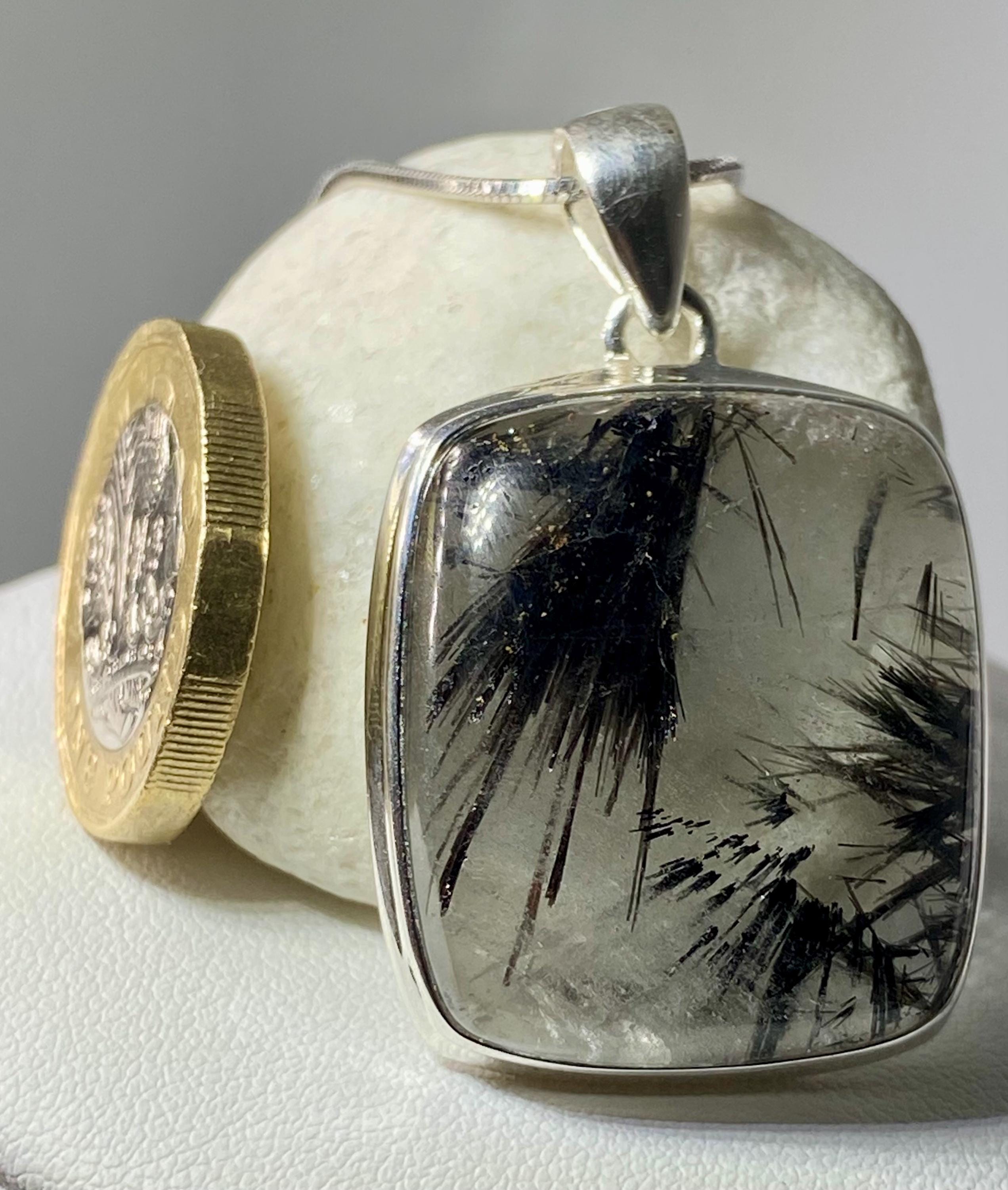 Black Tourmaline Rutilated Quartz and Silver Pendant