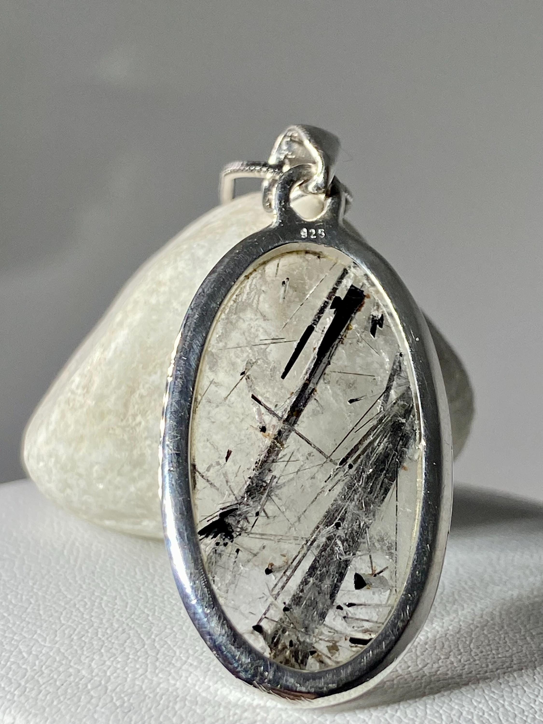 Oval Black Tourmaline Rutilated Quartz Sterling Silver Pendant