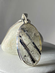 Oval Black Tourmaline Rutilated Quartz Sterling Silver Pendant