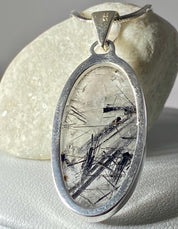 Oval Black Tourmaline Rutilated Quartz Sterling Silver Pendant