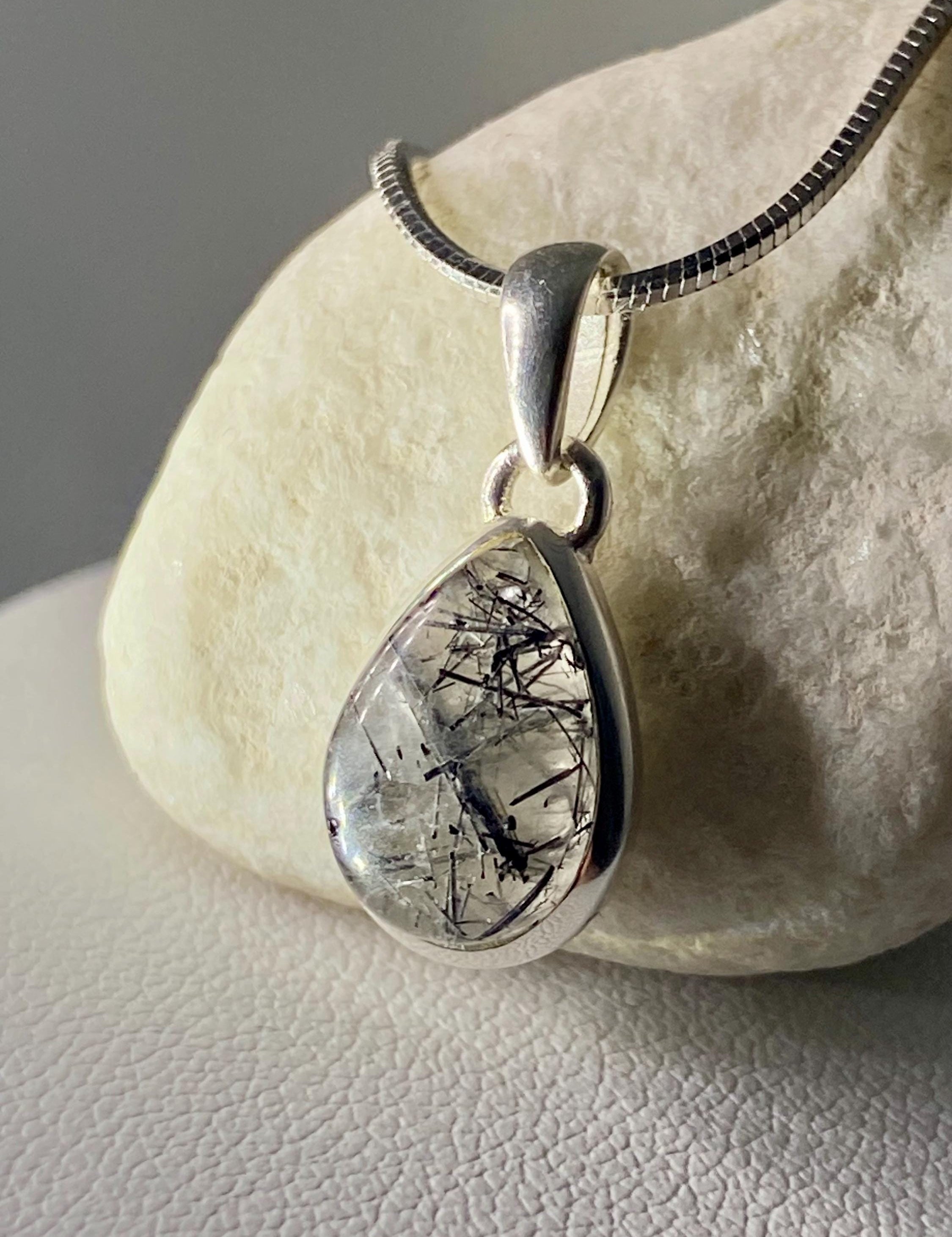 Black Tourmaline Rutilated Quartz and Silver Pendant