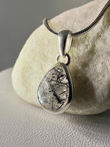 Pear Cut Black Tourmaline Rutilated Quartz Sterling Silver Pendant