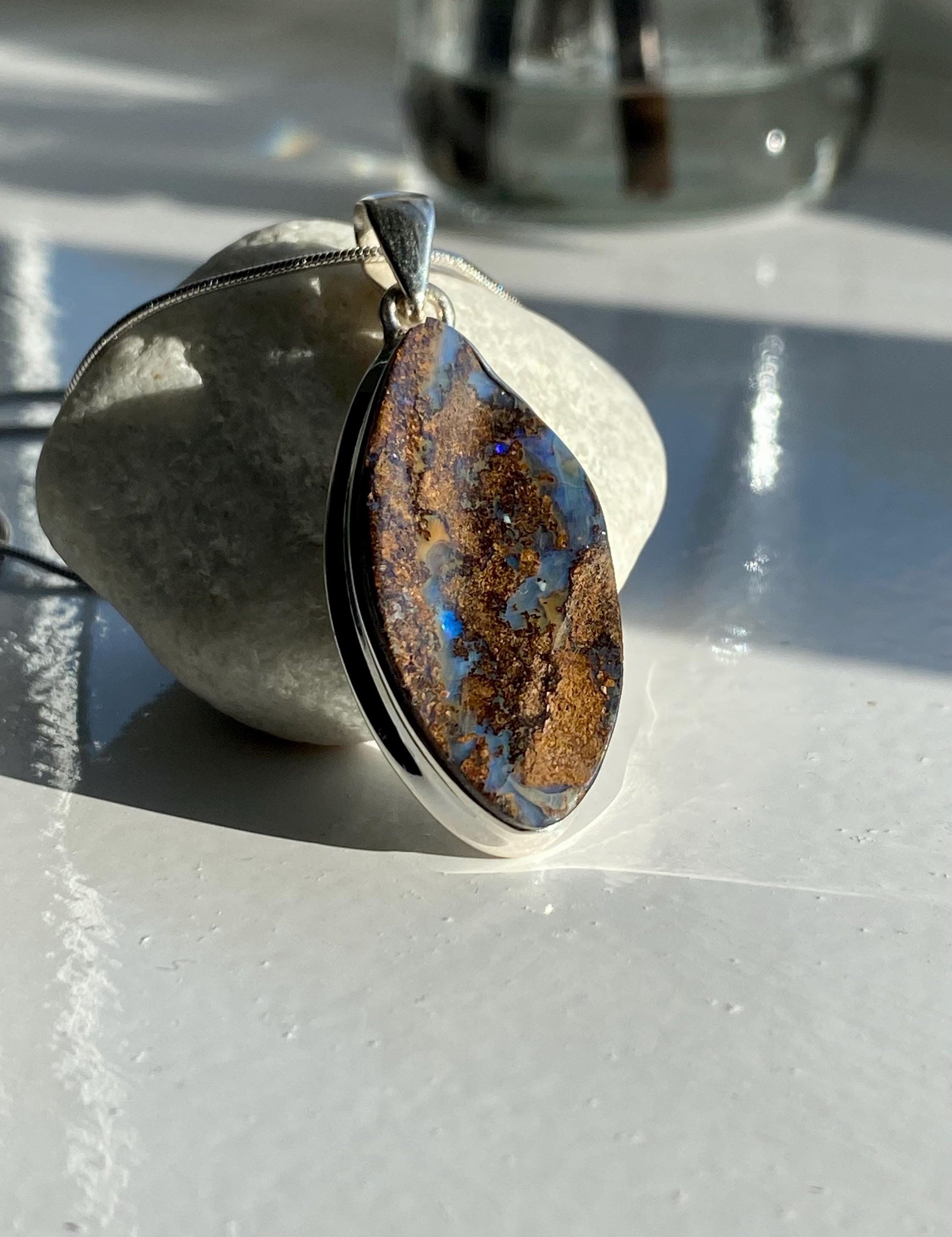 Marquise Cut Natural Australian Boulder Opal Sterling Silver Pendant
