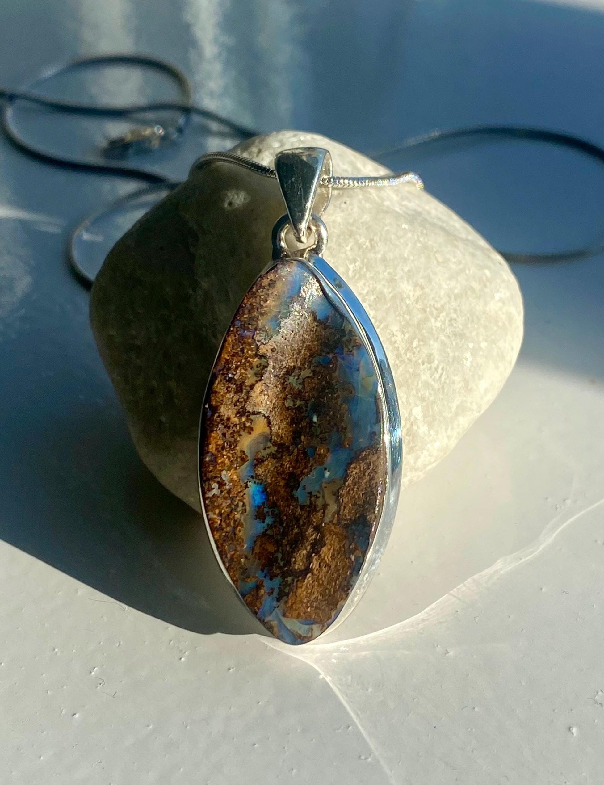 Marquise Cut Natural Australian Boulder Opal Sterling Silver Pendant
