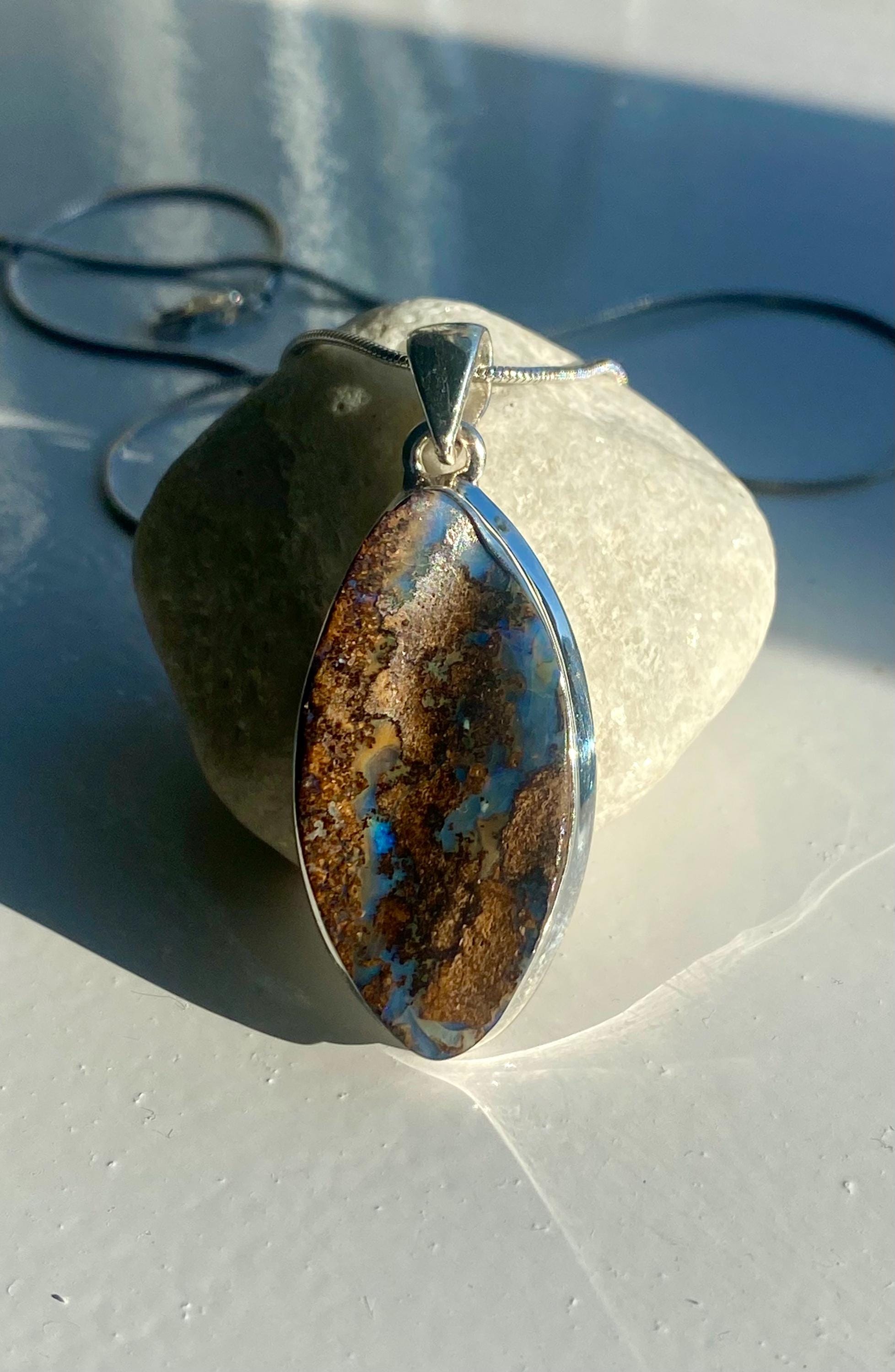 Marquise Cut Natural Australian Boulder Opal Sterling Silver Pendant
