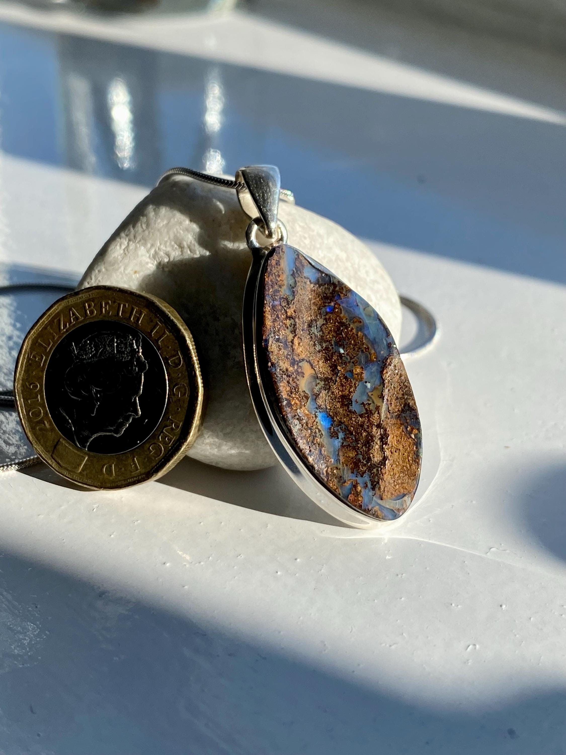 Marquise Cut Natural Australian Boulder Opal Sterling Silver Pendant