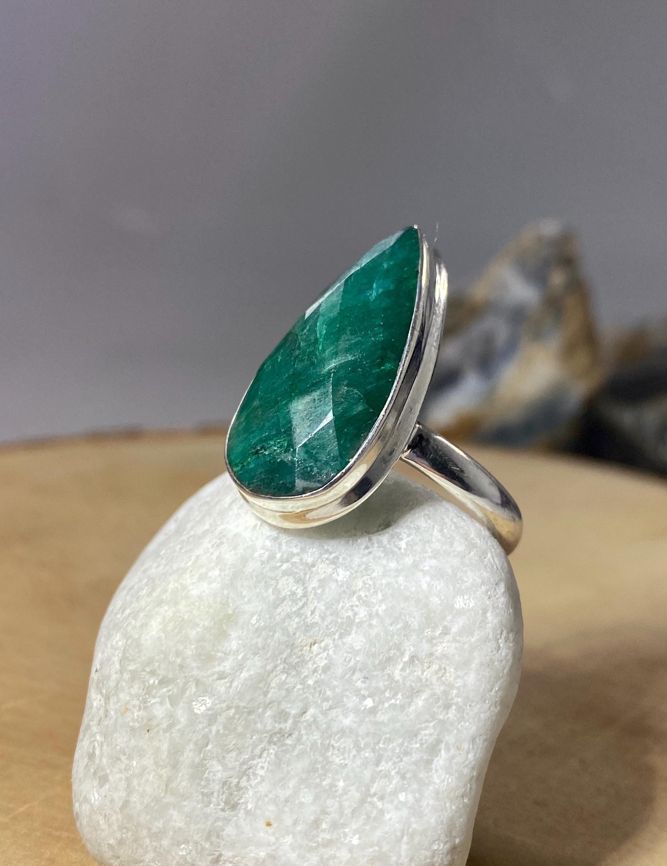 Raw Faceted Emerald and Silver Ring