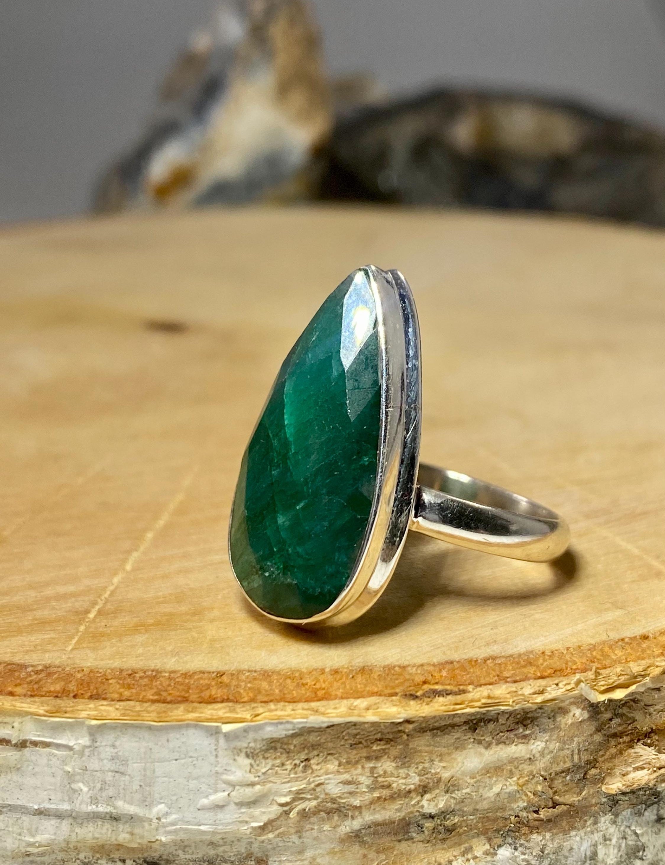 Raw Faceted Emerald and Silver Ring