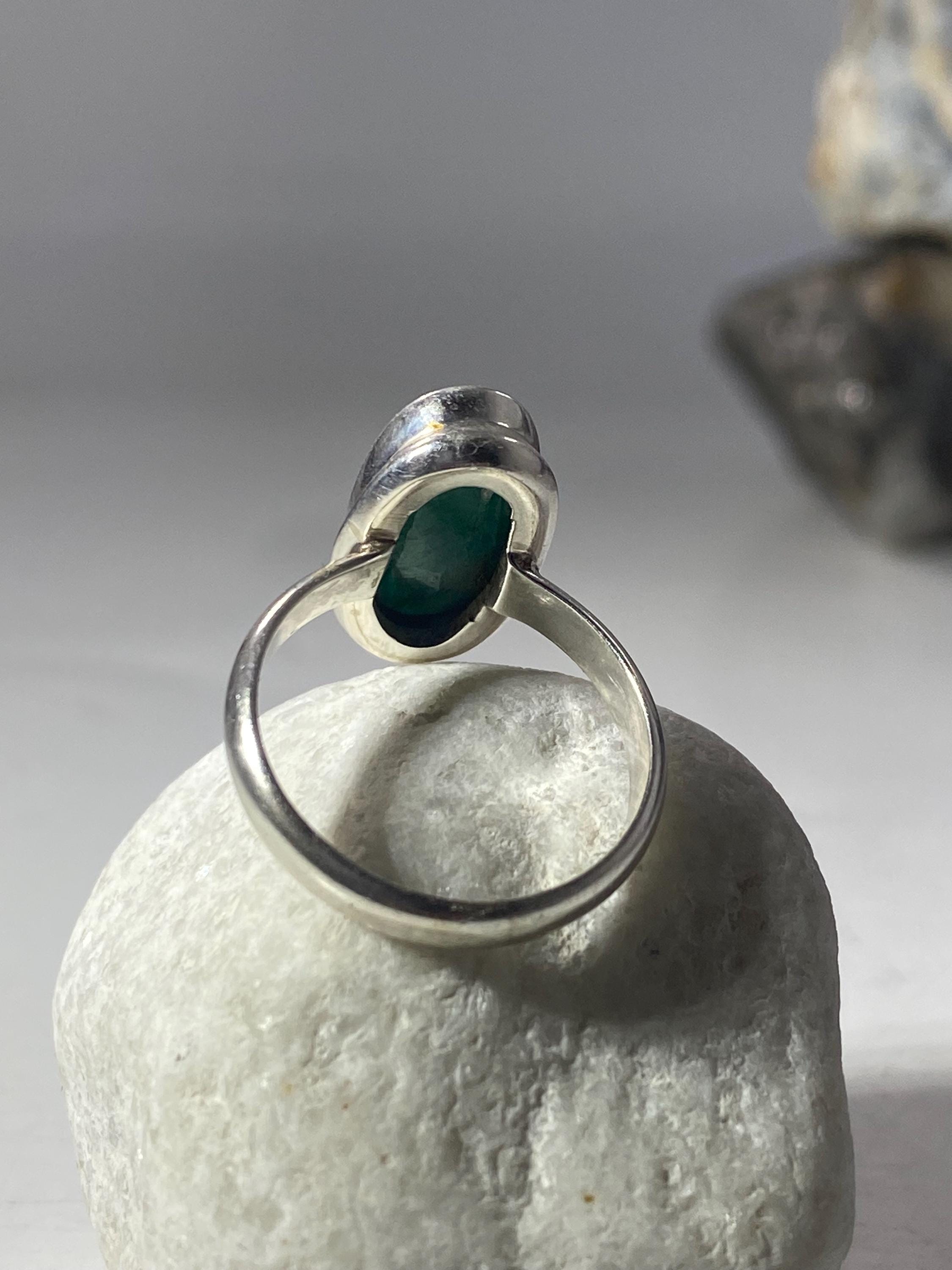 Raw Faceted Emerald Ring, Oval Sterling Silver 17mm x 8mm, Handmade UK
