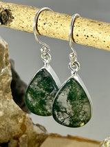Moss Agate Silver Teardrop Earrings