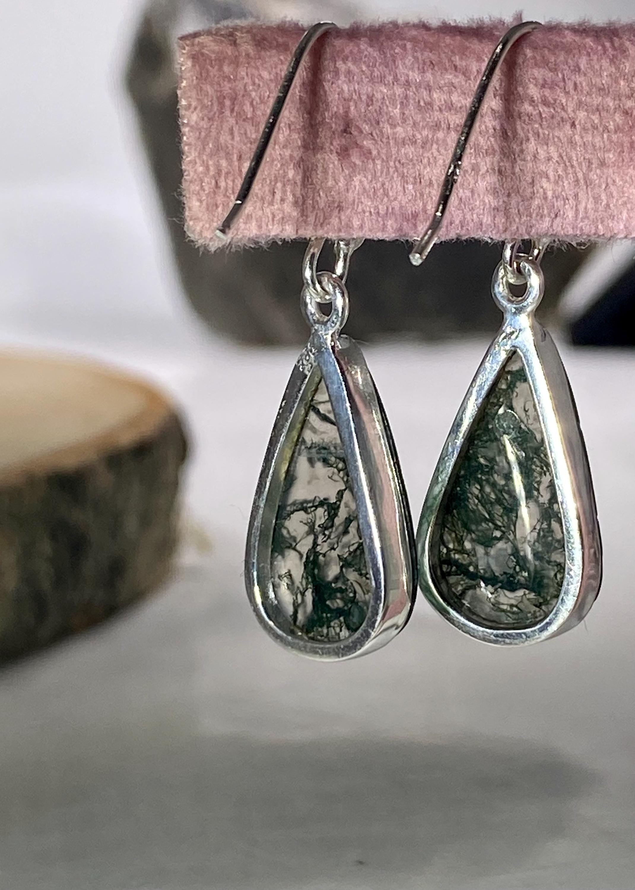 Moss Agate Silver Teardrop Earrings
