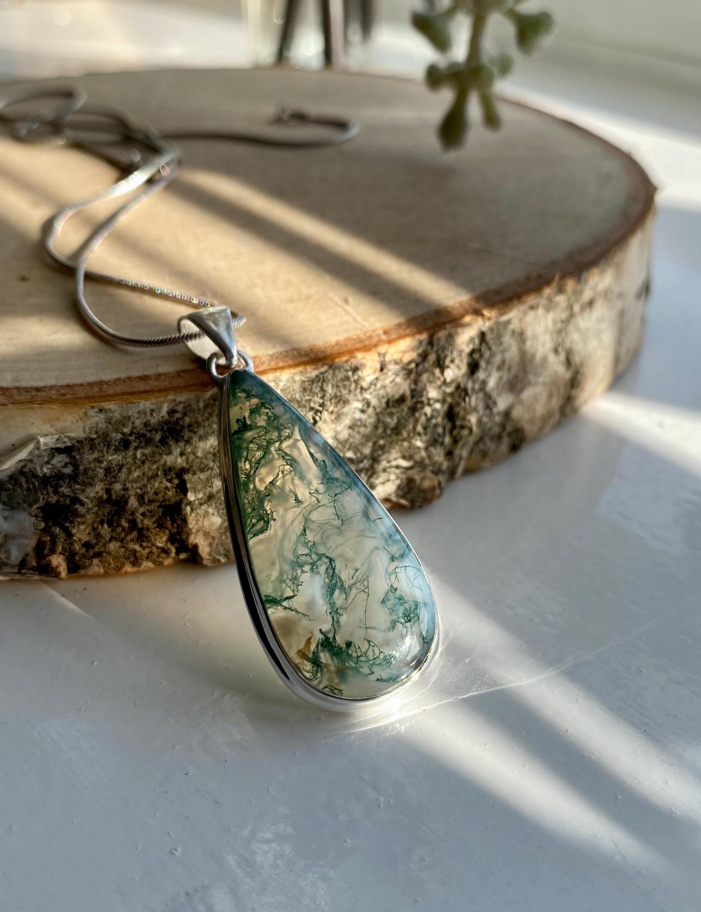 Moss Agate Silver Teardrop Pendant