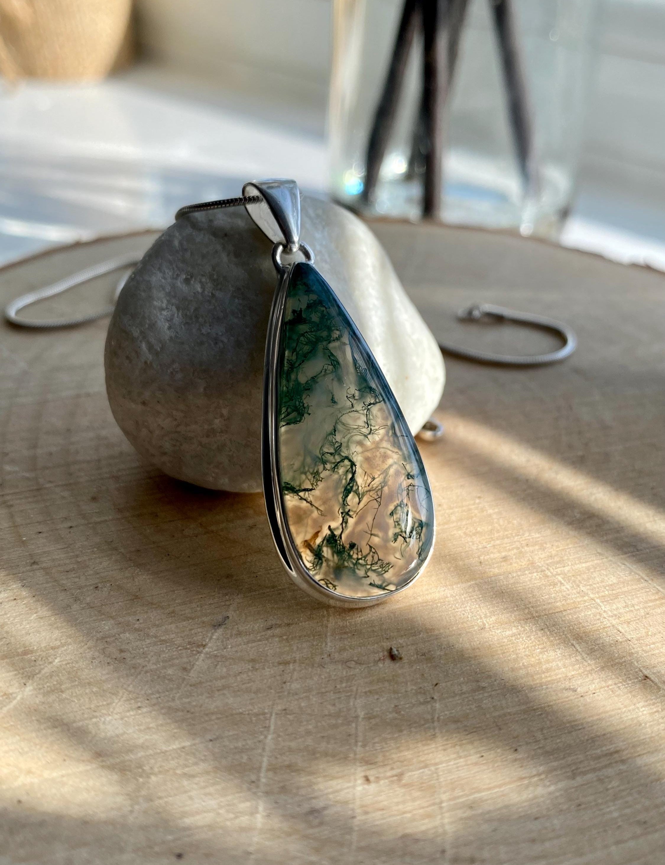 Moss Agate Silver Teardrop Pendant