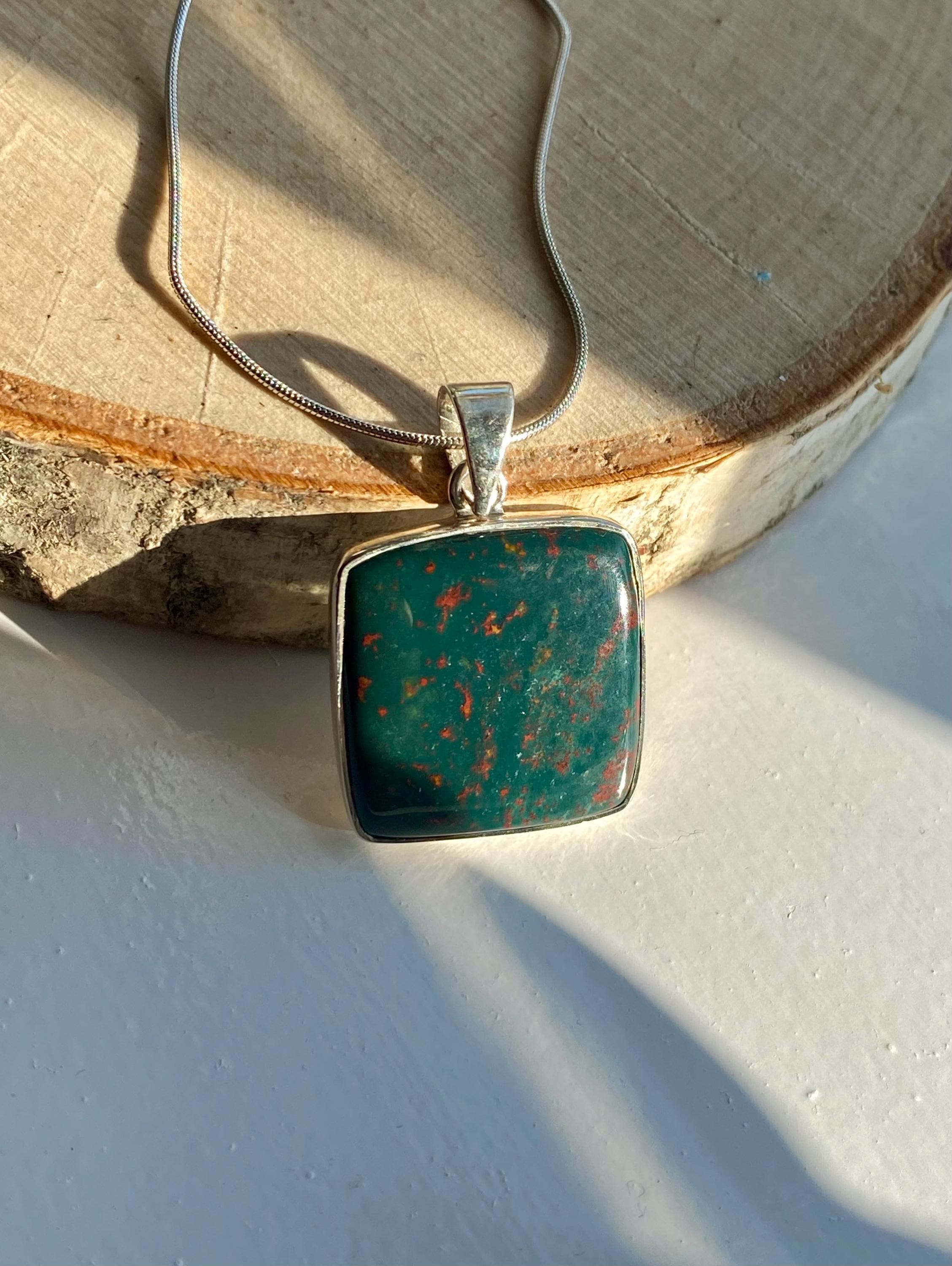 Square African Dragon Bloodstone 925 Sterling Silver Pendant