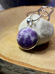 Natural Purple Lepidolite and Silver Pendant