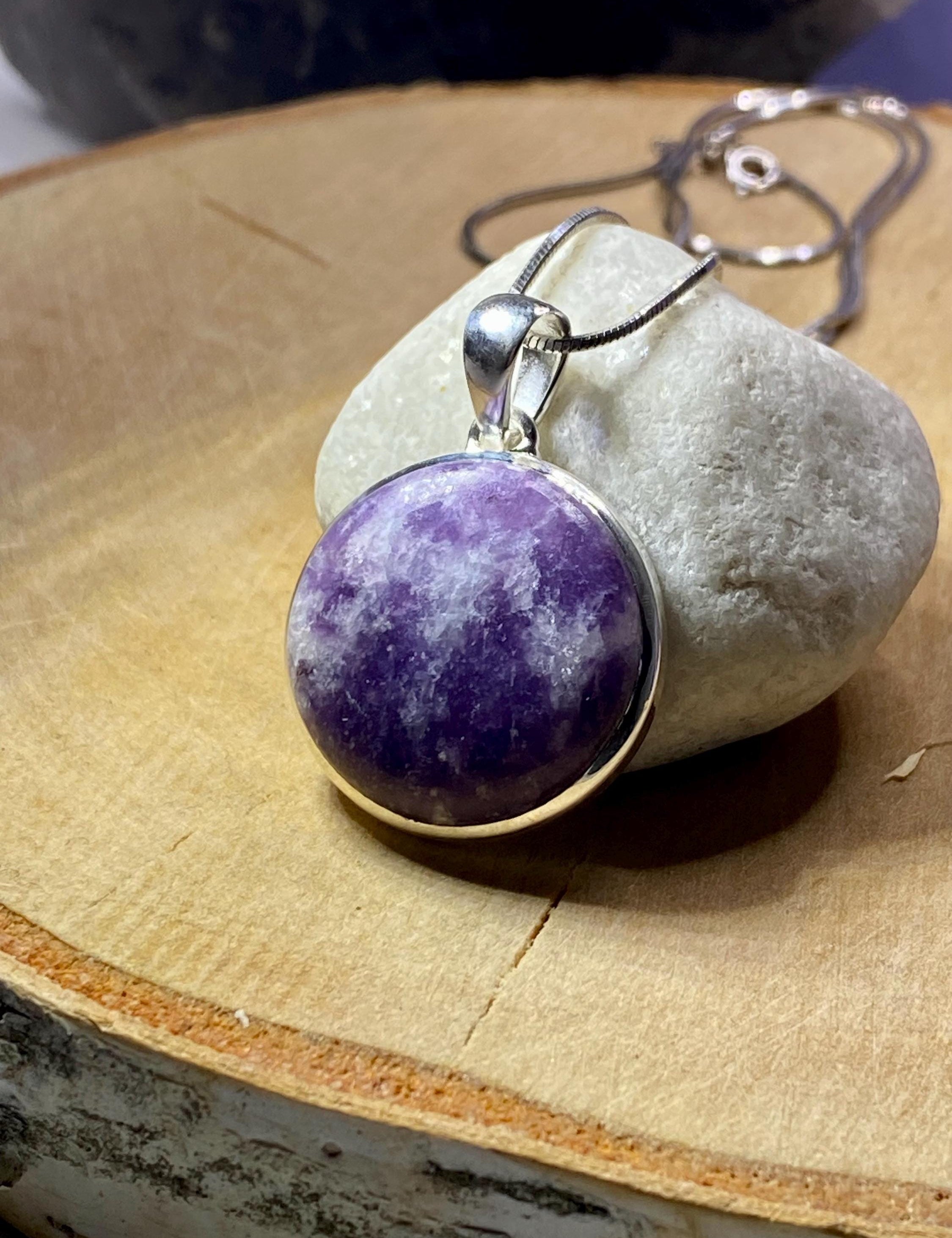 Natural Purple Lepidolite and Silver Pendant