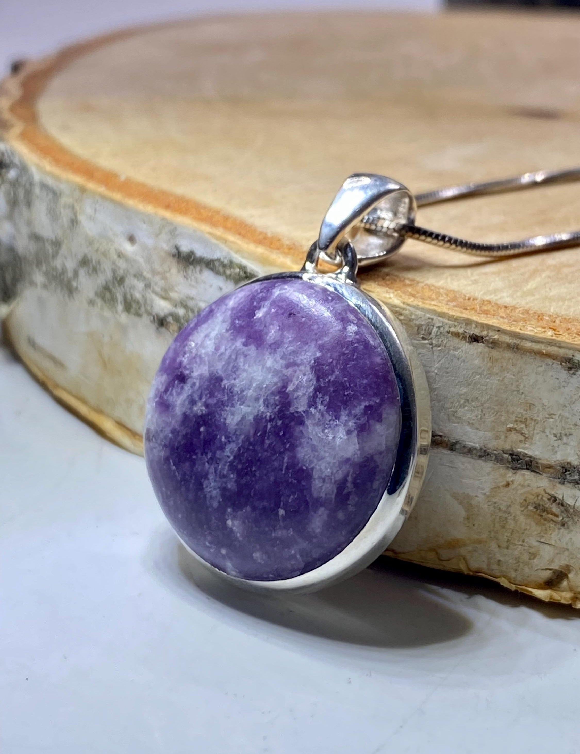 Natural Purple Lepidolite and Silver Pendant