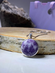 Natural Purple Lepidolite and Silver Pendant