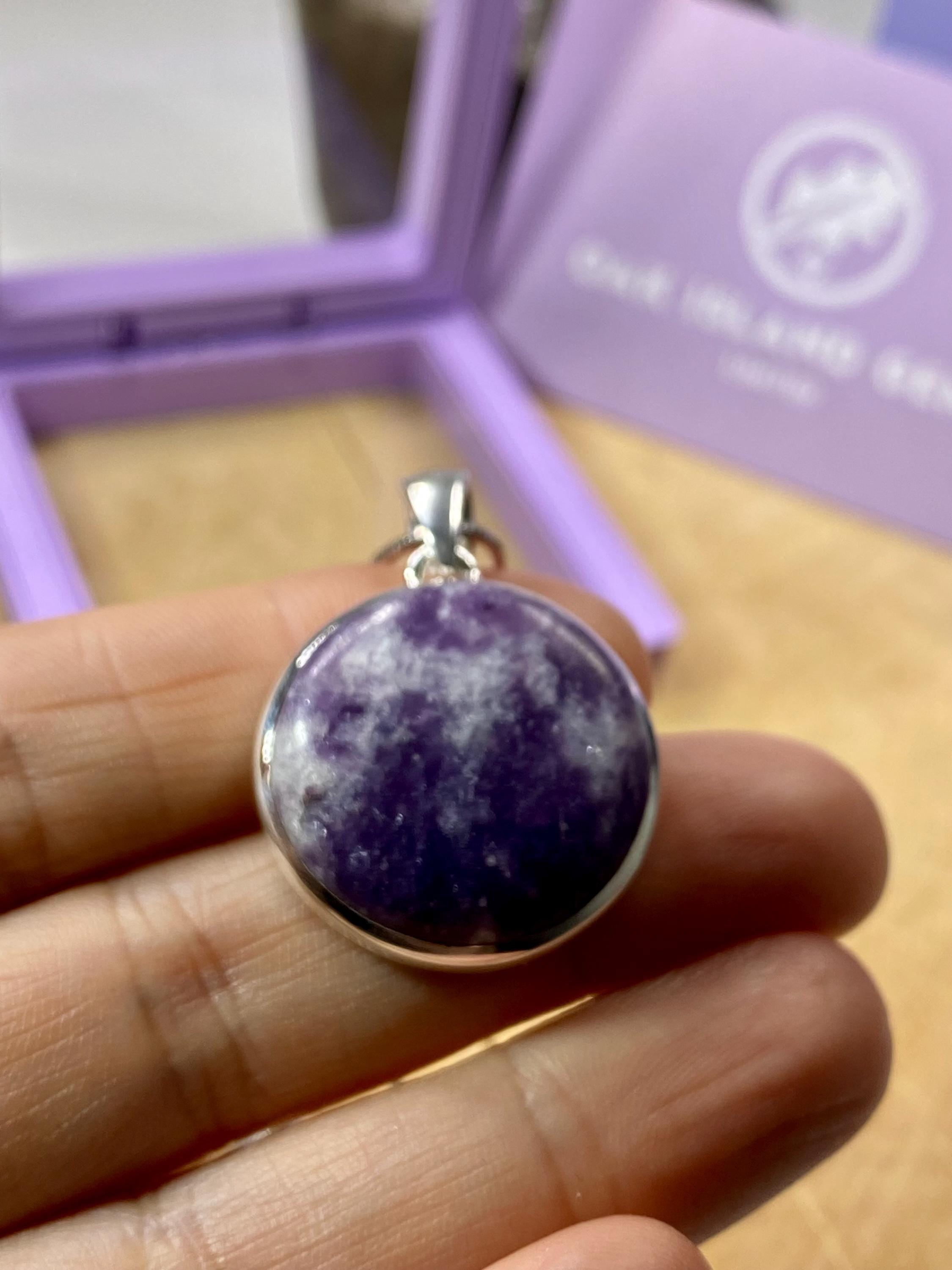Natural Purple Lepidolite and Silver Pendant