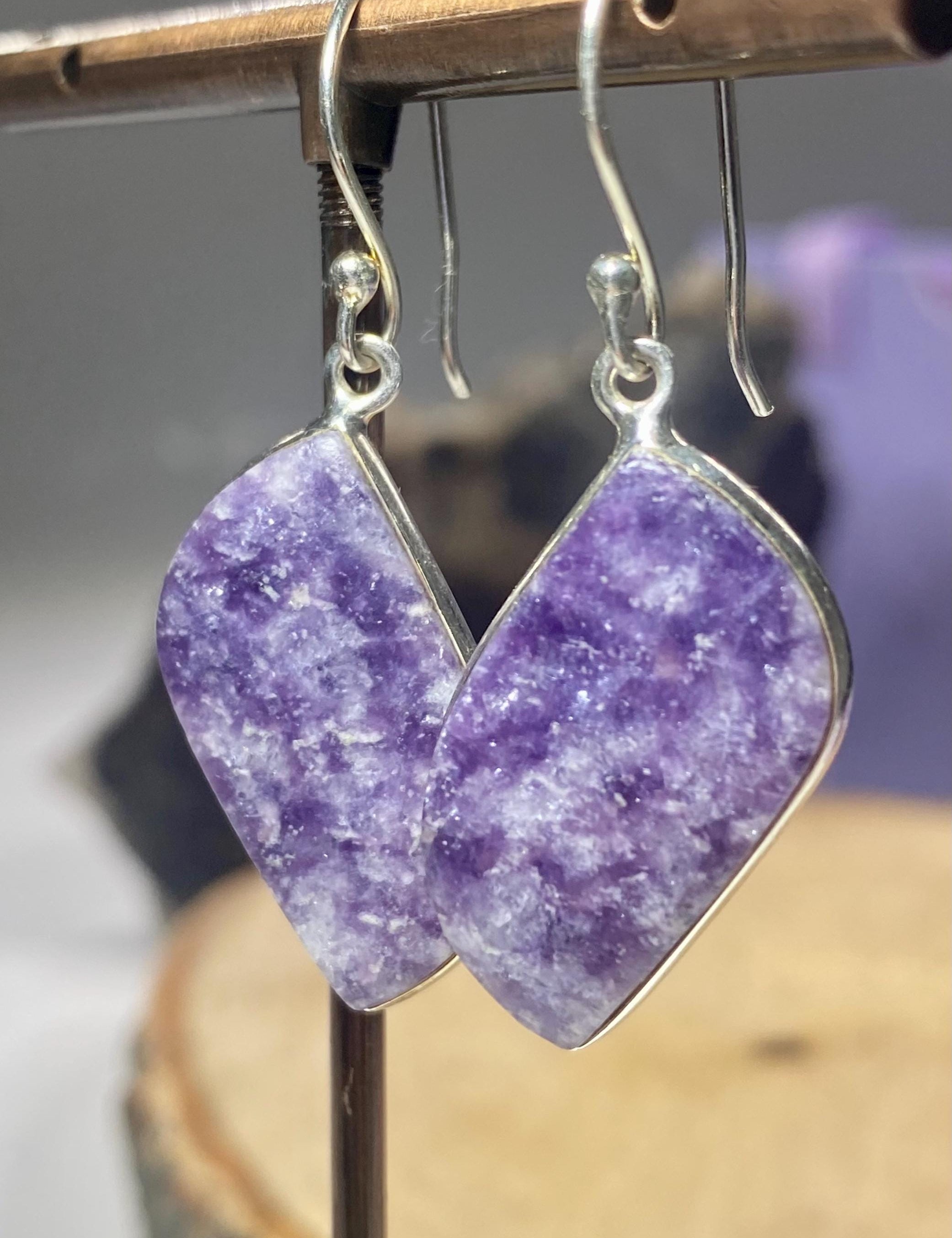 Natural Lepidolite Silver Dangle Earrings
