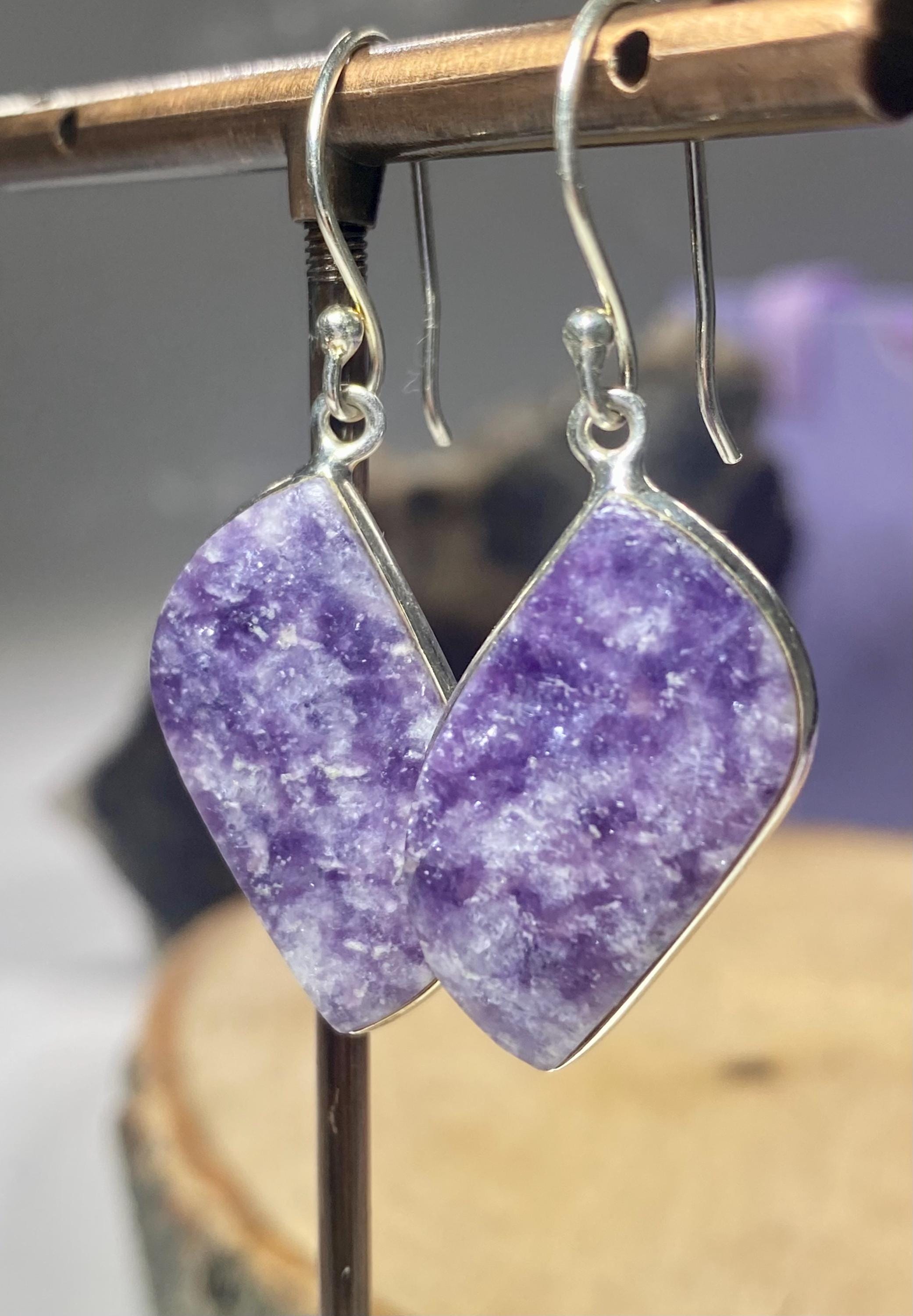 Natural Lepidolite Silver Dangle Earrings