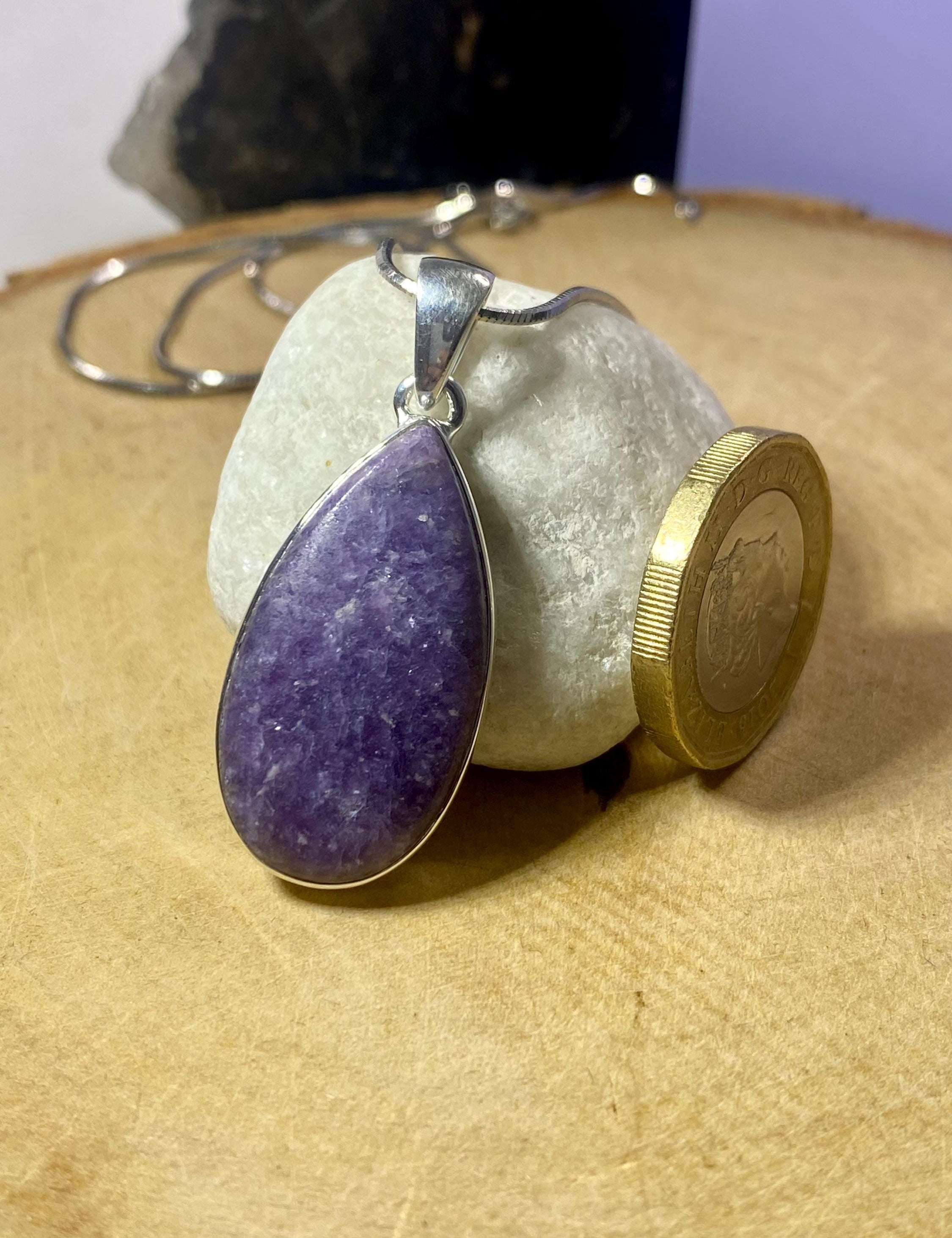 Natural Lepidolite and Silver Pendant