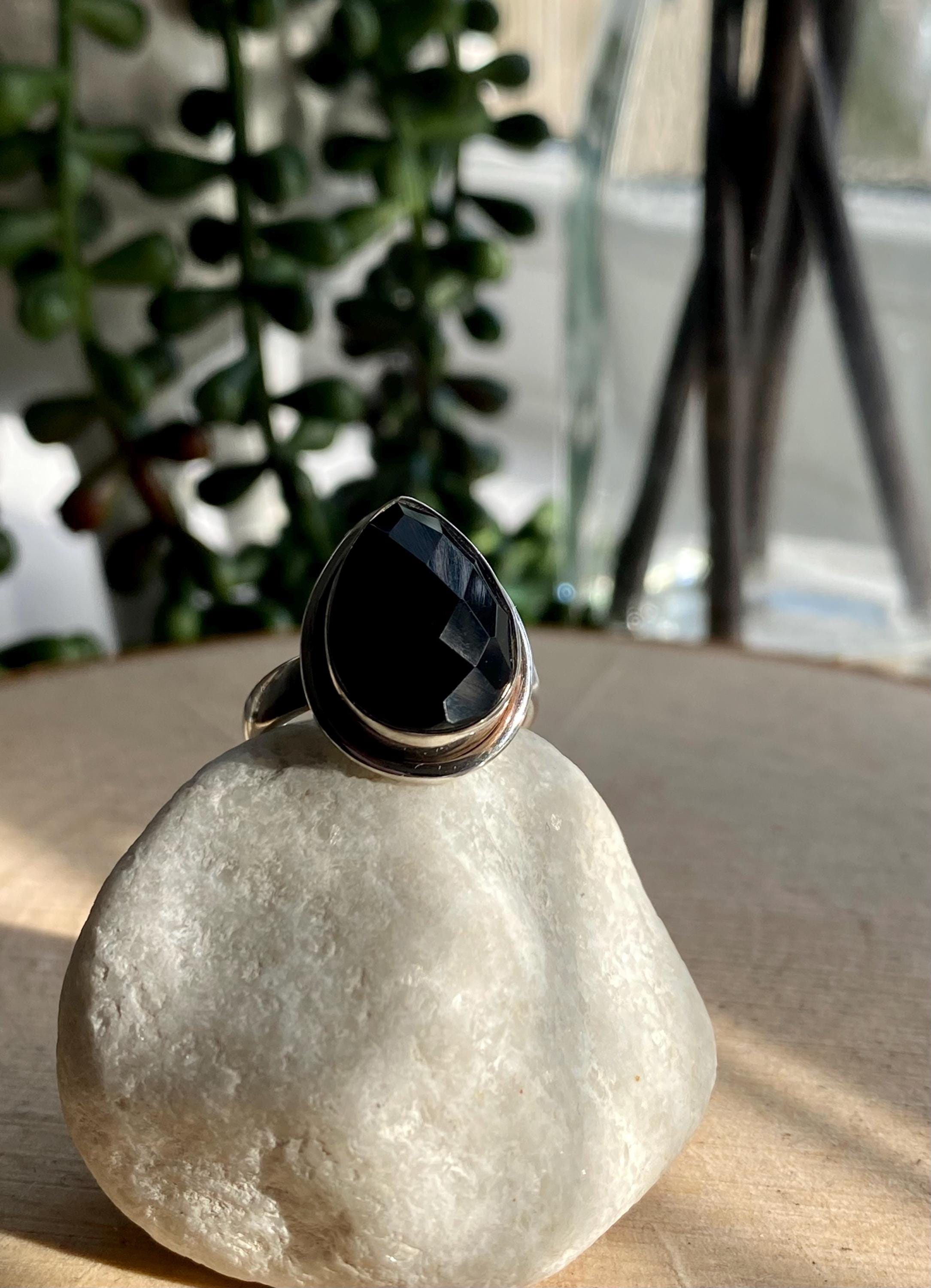 Black Faceted Tourmaline 925 Silver Ring