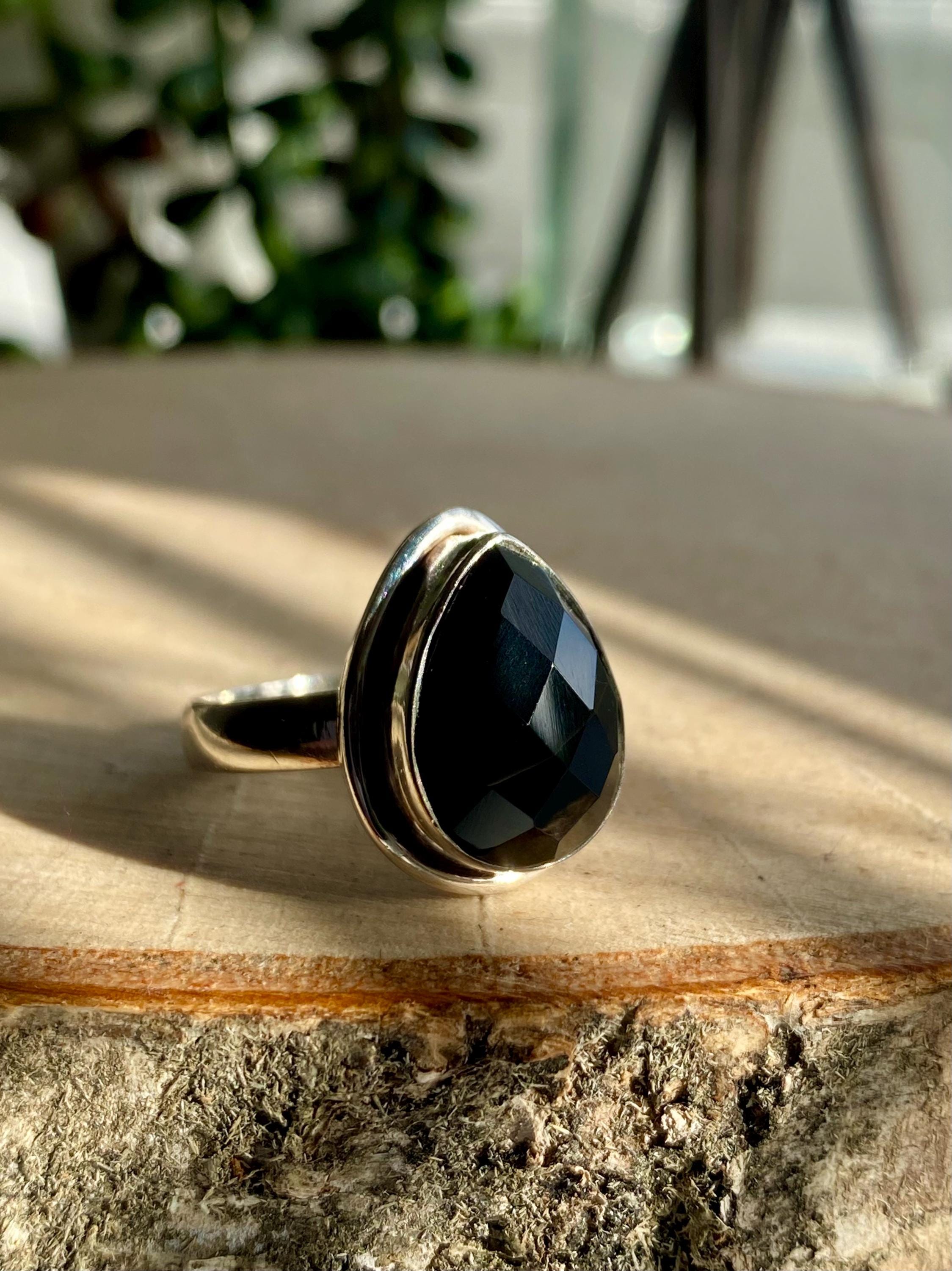 Black Faceted Tourmaline 925 Silver Ring