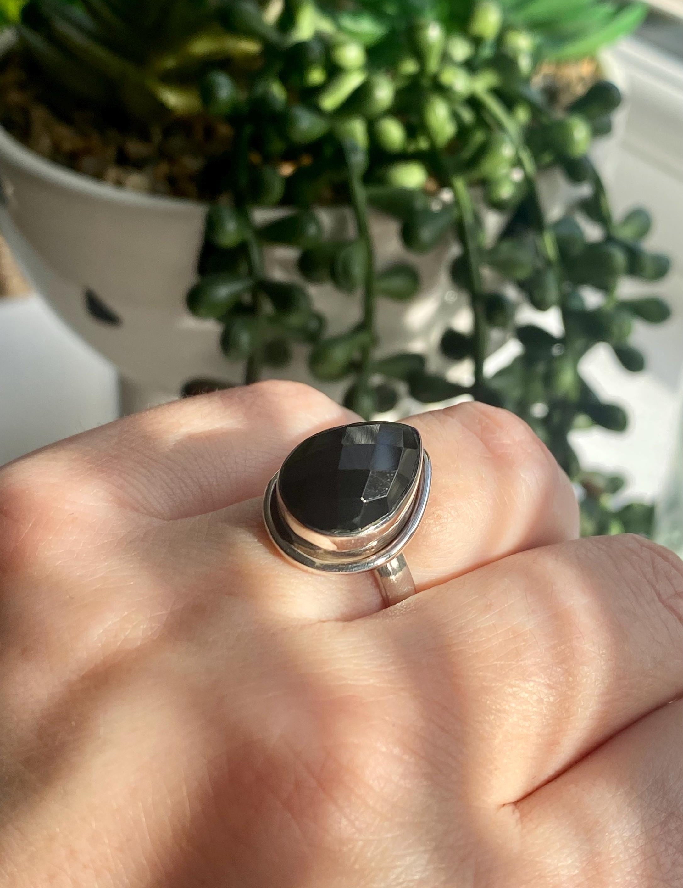 Black Faceted Tourmaline 925 Silver Ring