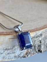 Genuine Raw Sapphire Pendant, Emerald Cut 12mmx8mm, Sterling Silver Necklace, September Birthstone