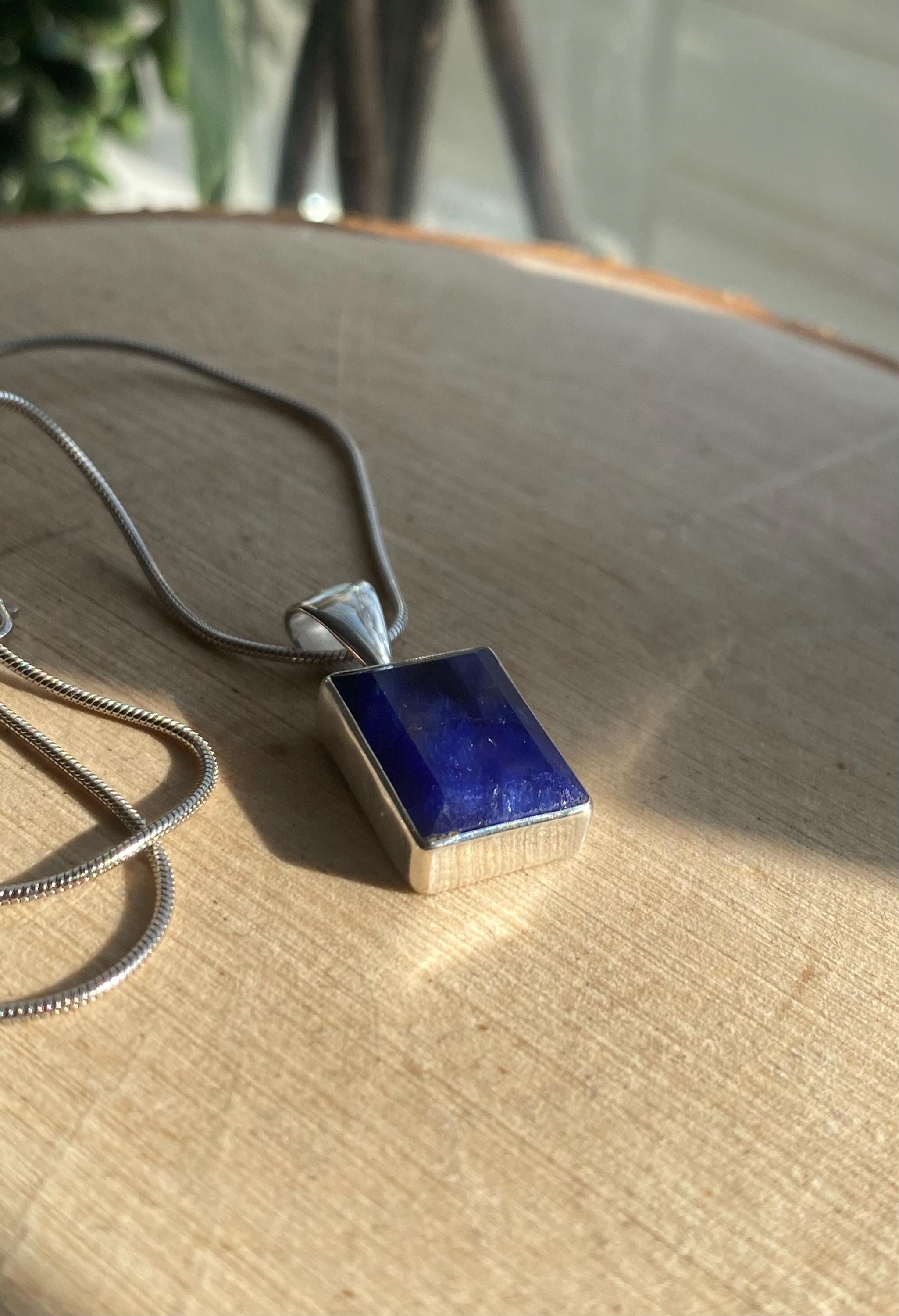 Blue Sapphire Rectangle Pendant in 925 Sterling Silver
