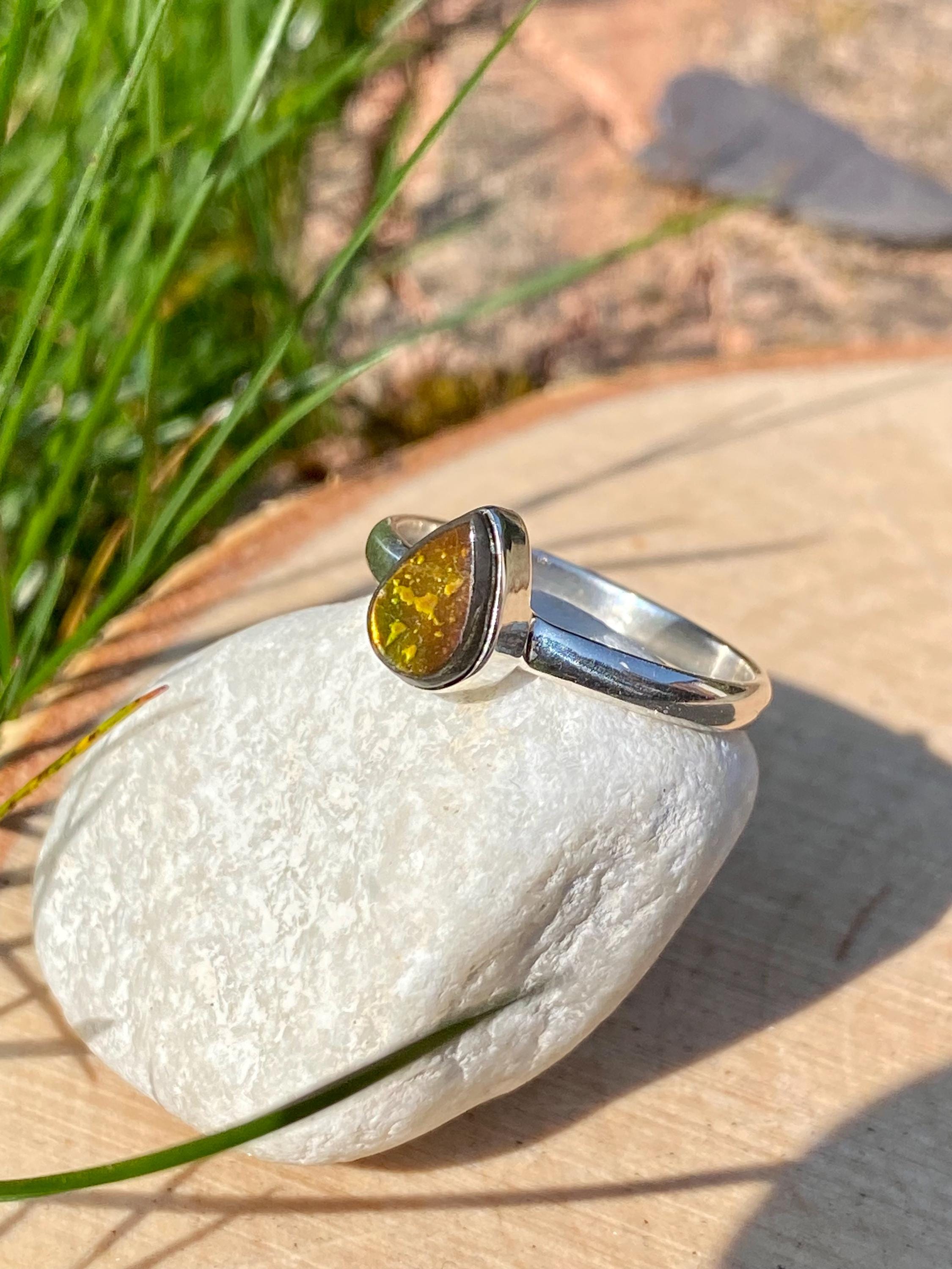 Pear-Cut Ammolite Sterling Silver Ring - Iridescent Bezel Setting