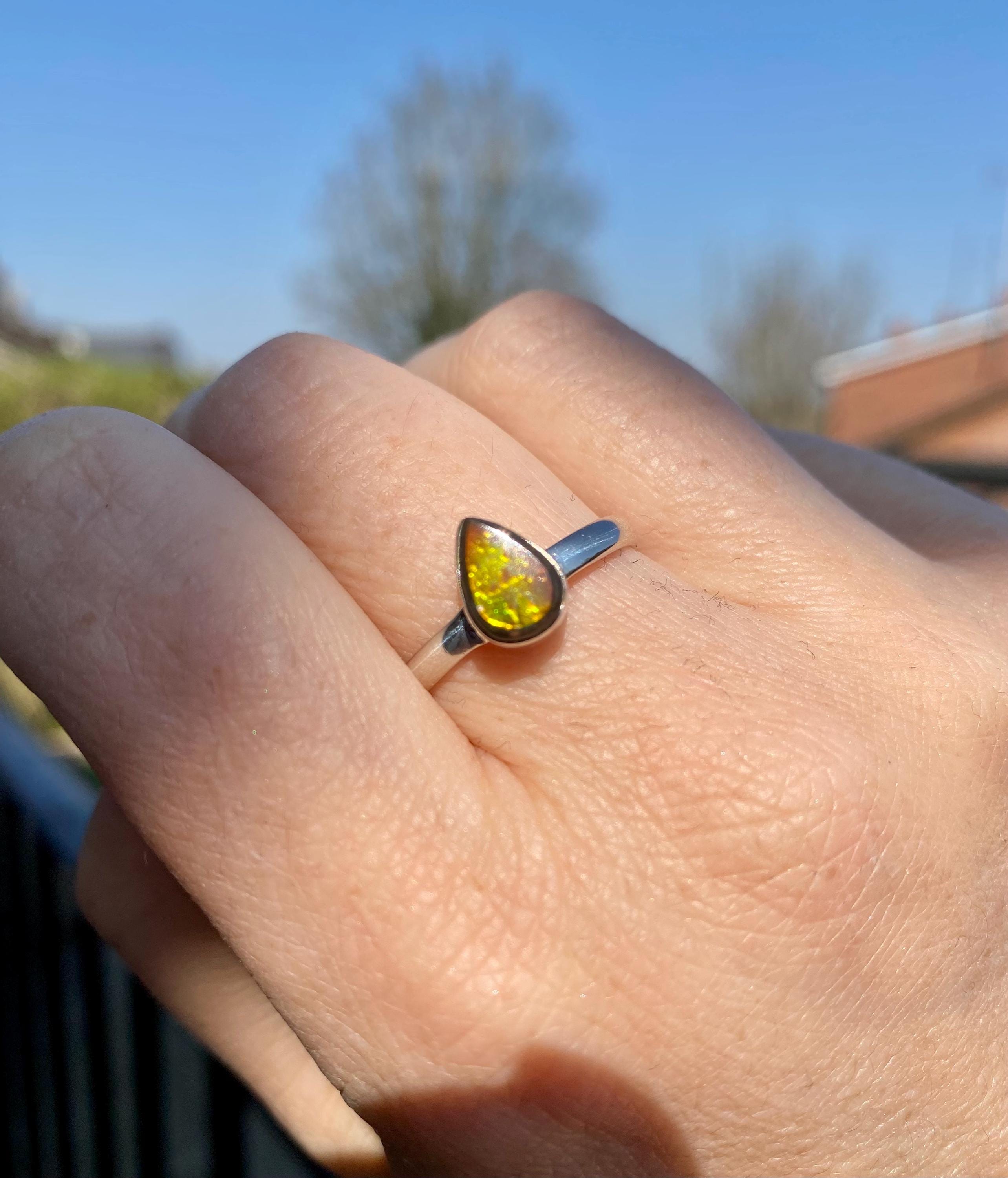 Pear-Cut Ammolite Sterling Silver Ring - Iridescent Bezel Setting