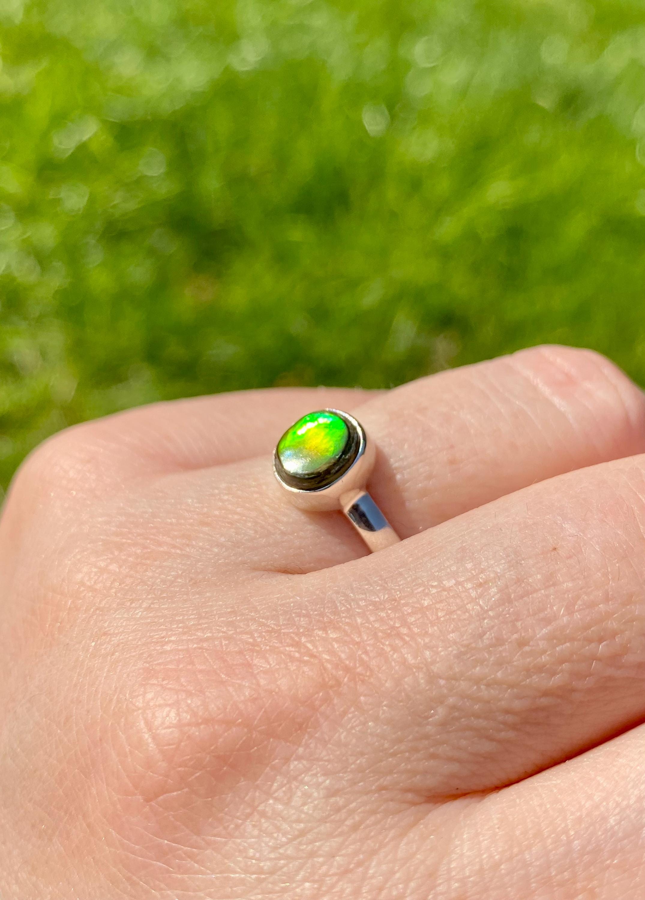 Iridescent Ammolite Sterling Silver Ring - Size US 7