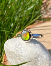 Iridescent Ammolite Sterling Silver Ring - Size US 7