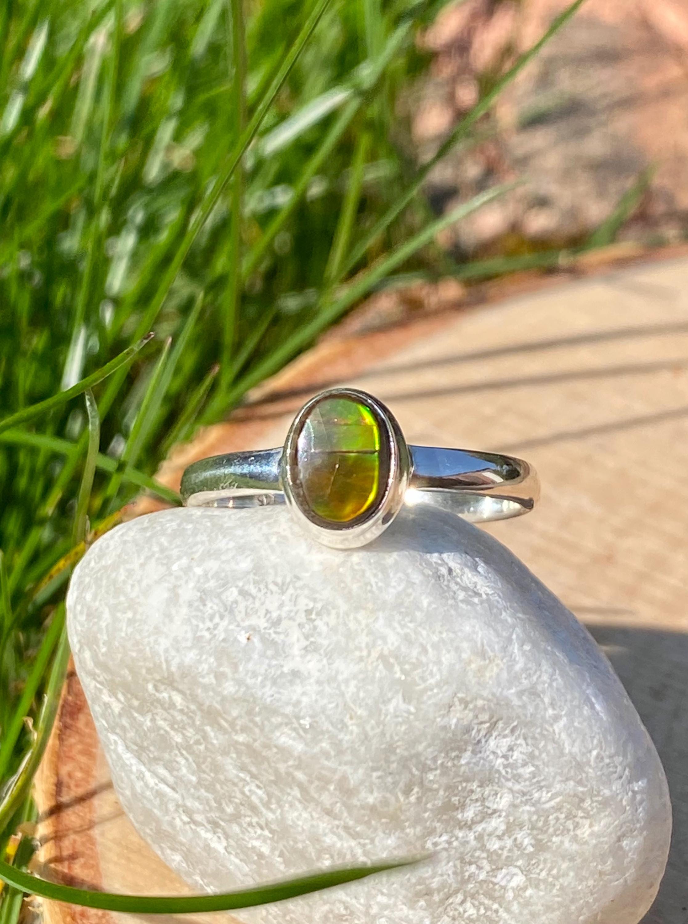 Iridescent Ammolite Sterling Silver Ring - Size US 7