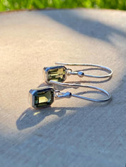 Genuine Moldavite Dangle Earrings, Sterling Silver Emerald - Cut 7mm x 5mm, Handmade UK gift