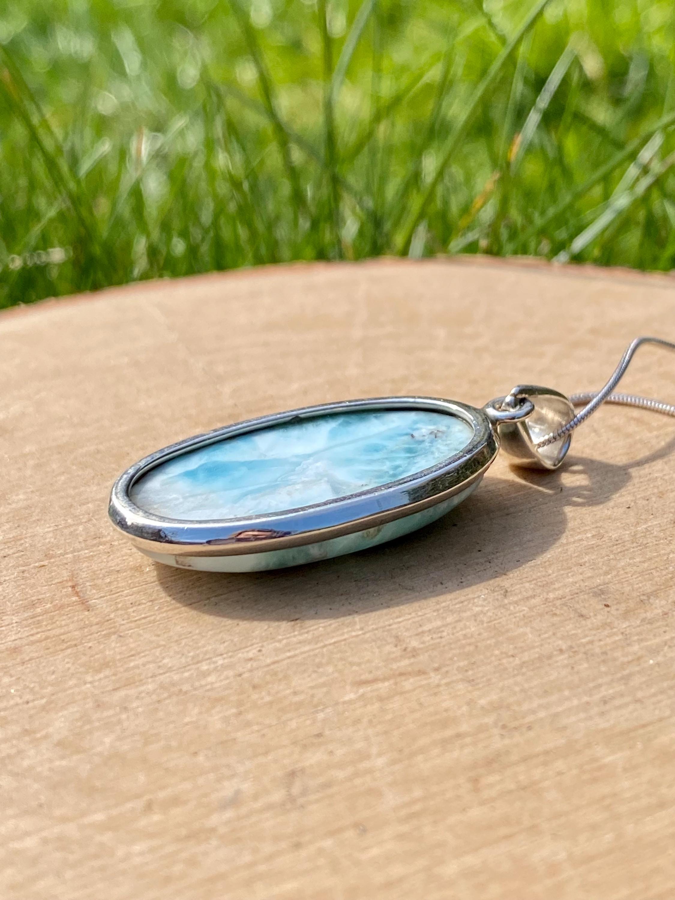 Dominican Larimar Pendant, Oval 35x23mm, Sterling Silver, UK Handmade Jewellery