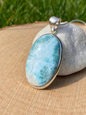 Dominican Larimar Pendant, Oval 35x23mm, Sterling Silver, UK Handmade Jewellery