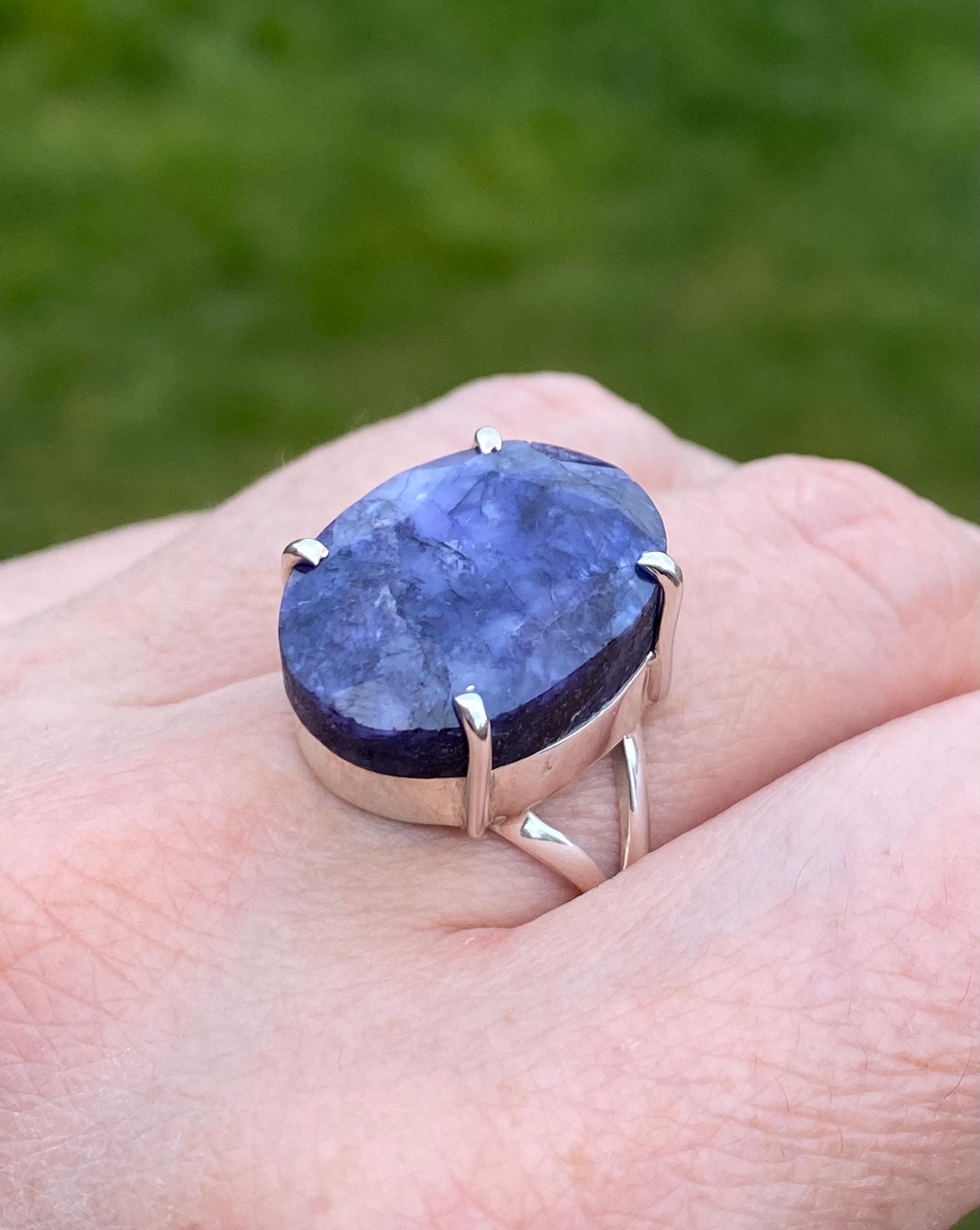 Raw Sapphire Sterling Silver Ring: Faceted Gemstone, Size 11
