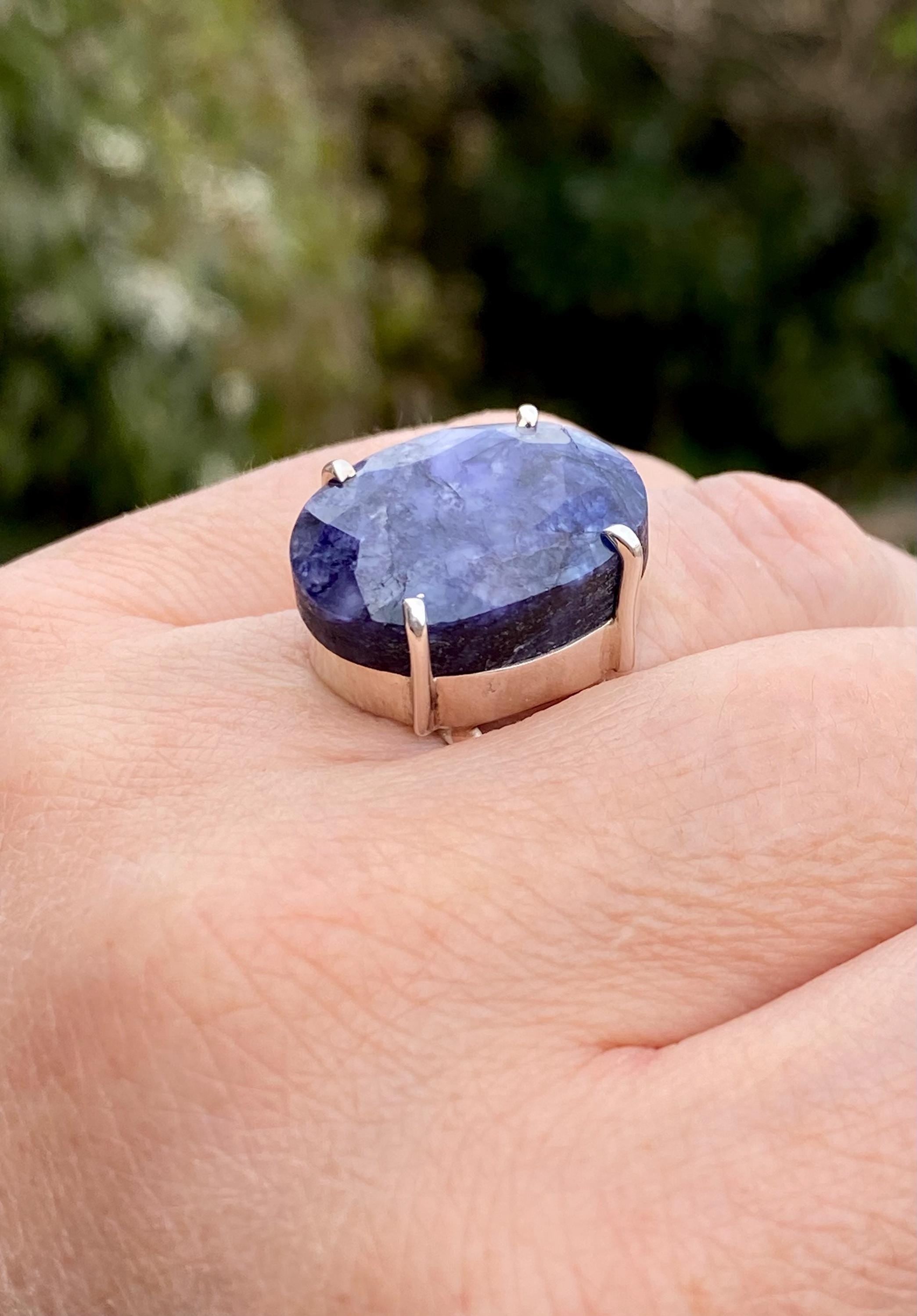 Raw Sapphire Sterling Silver Ring: Faceted Gemstone, Size 11