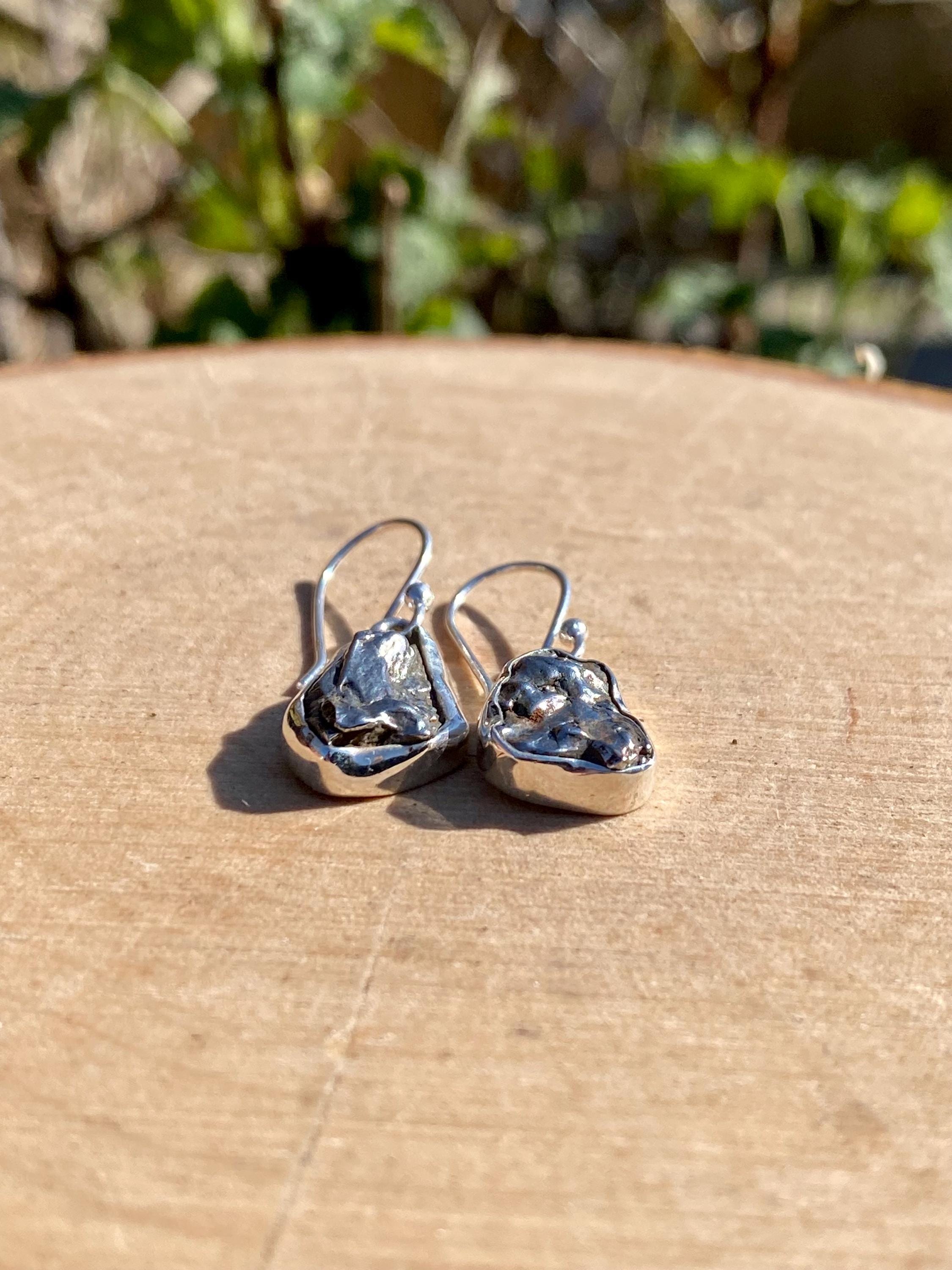 Meteorite Dangle Earrings: Sterling Silver Hexagon - Handmade Galaxy Jewellery