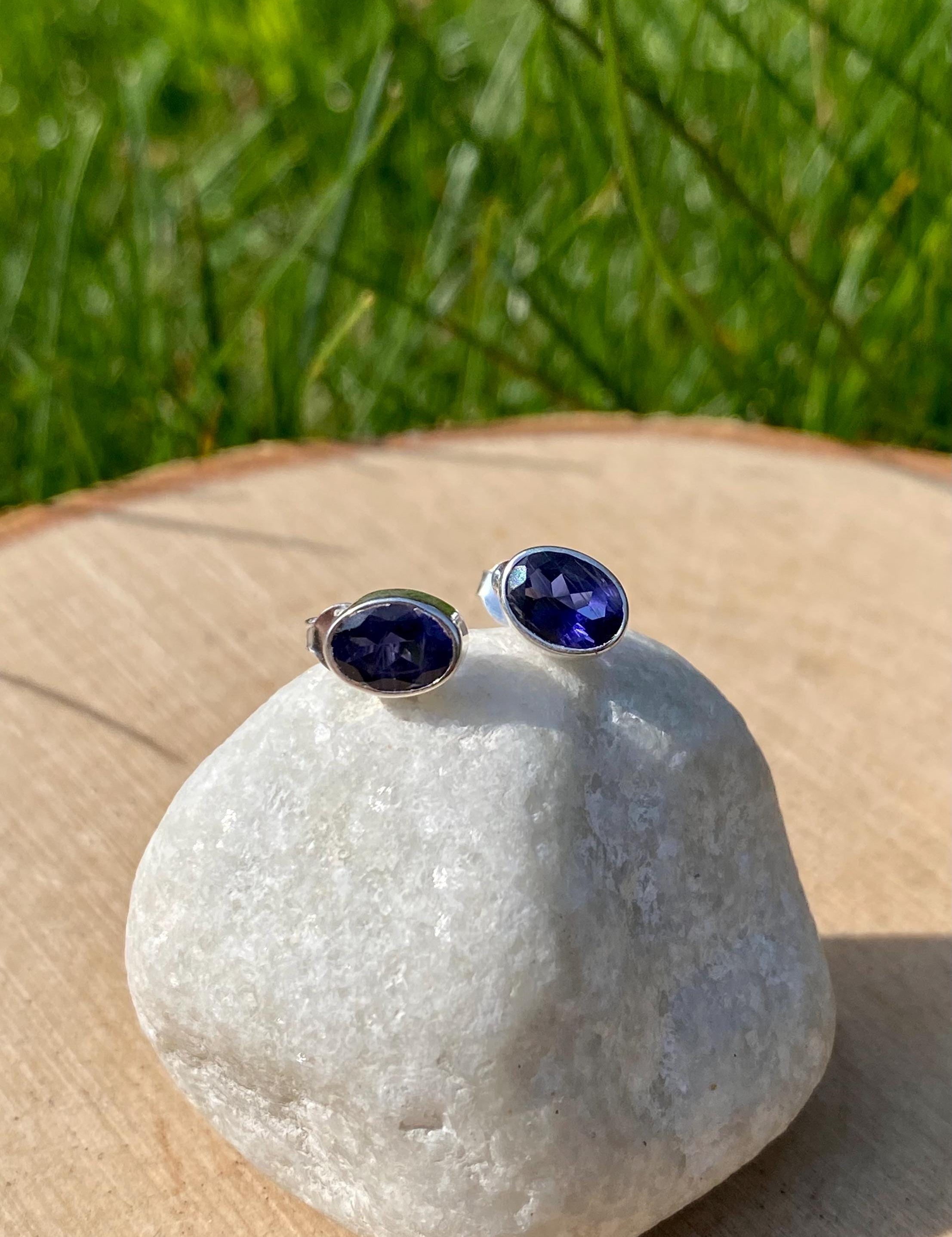 Natural Iolite, Lolite Sterling Silver Stud Earrings