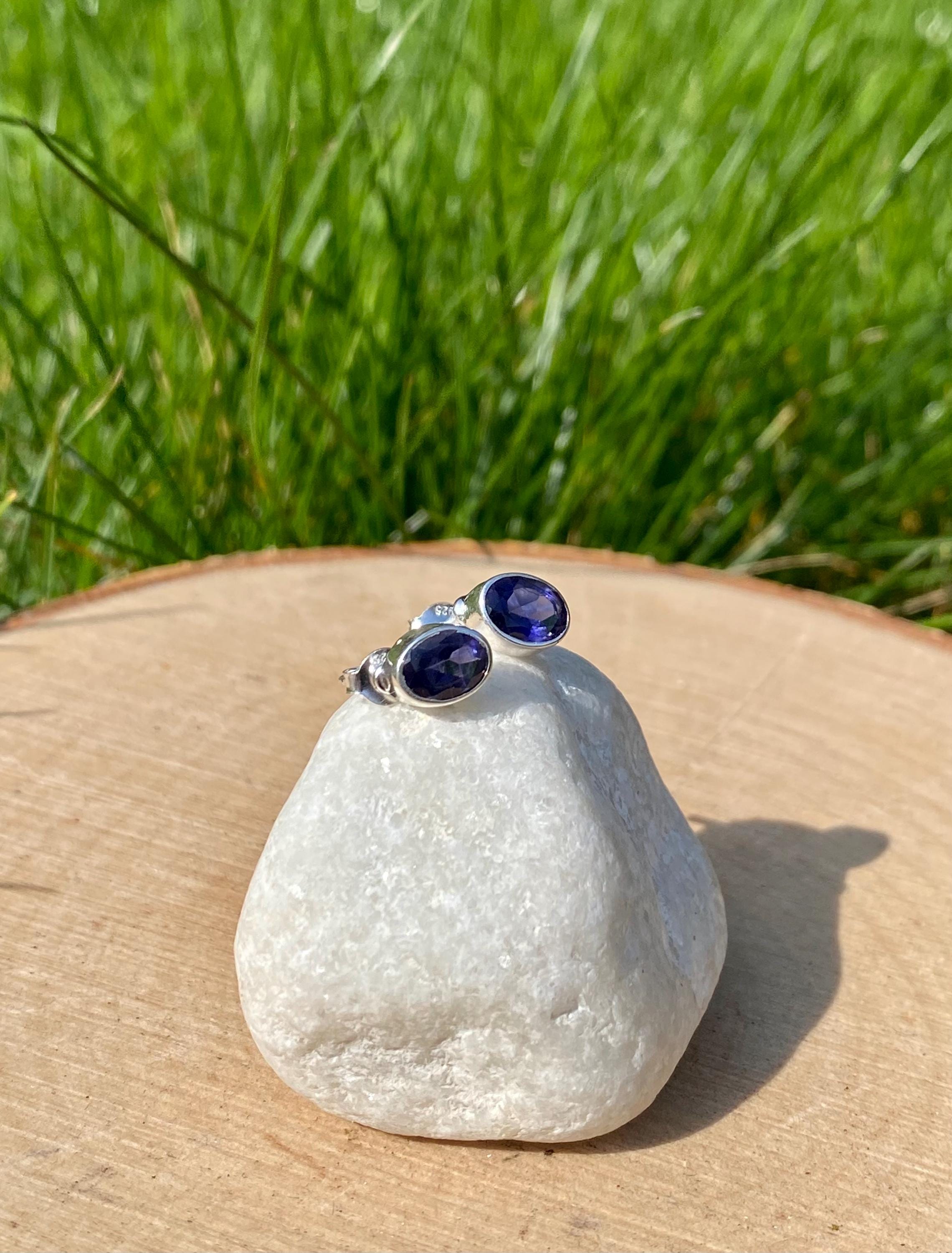 Natural Iolite, Lolite Sterling Silver Stud Earrings