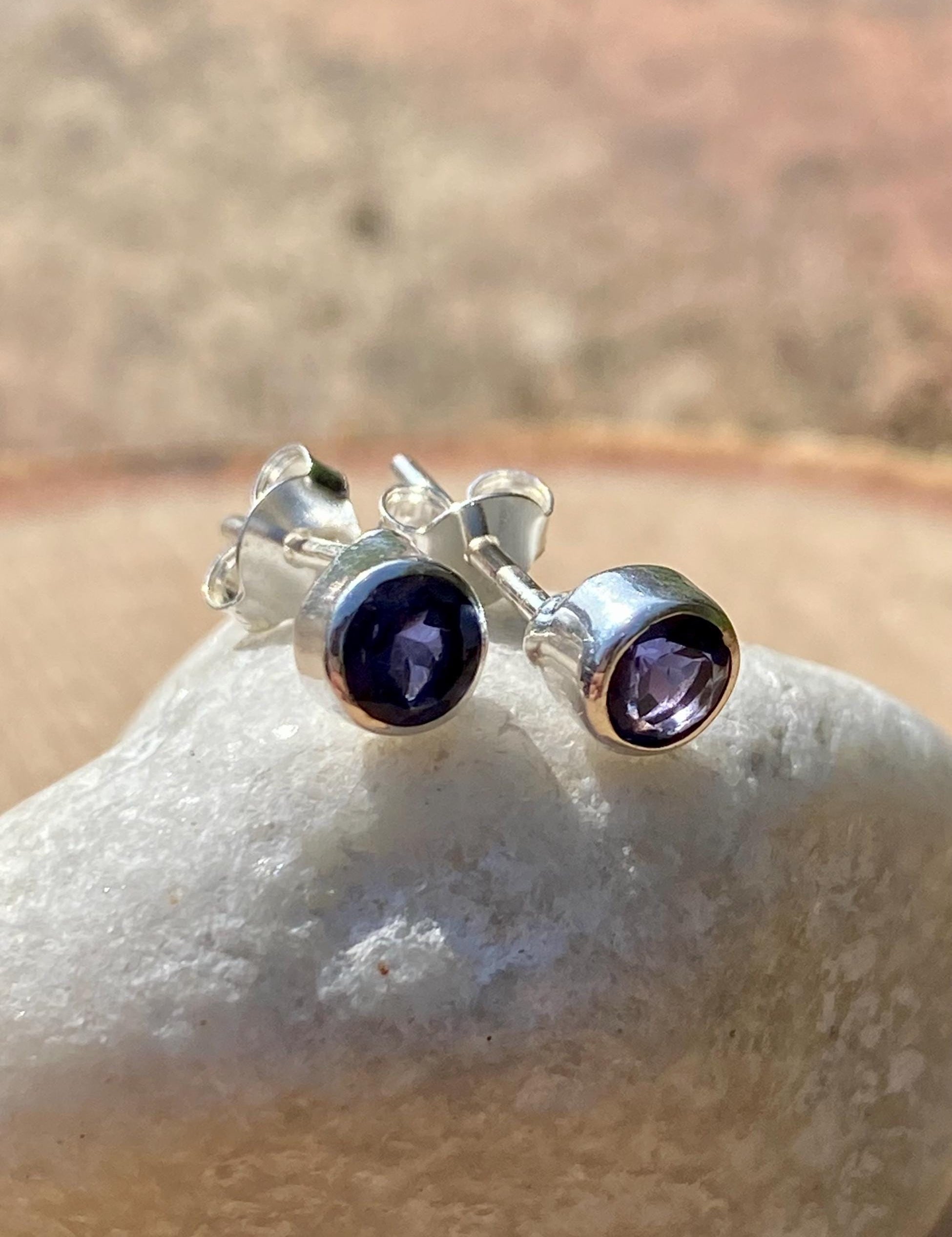 Natural Iolite, Lolite Sterling Silver Stud Earrings