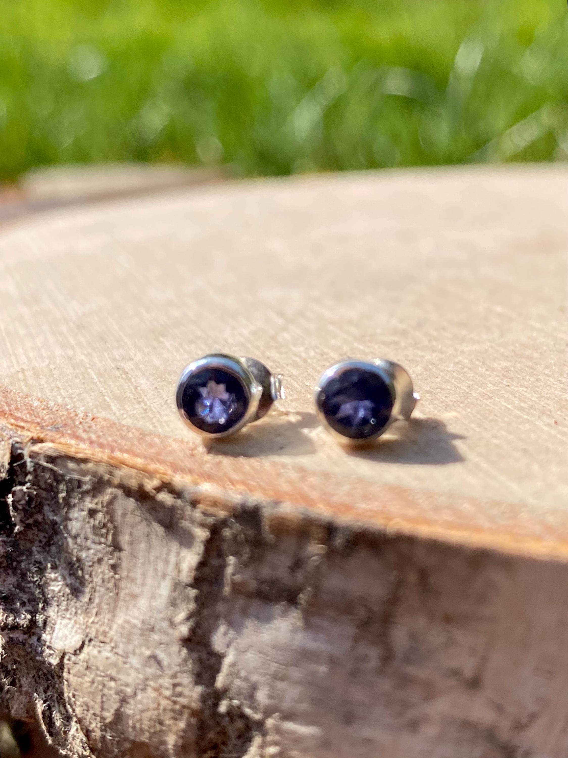 Natural Iolite, Lolite Sterling Silver Stud Earrings