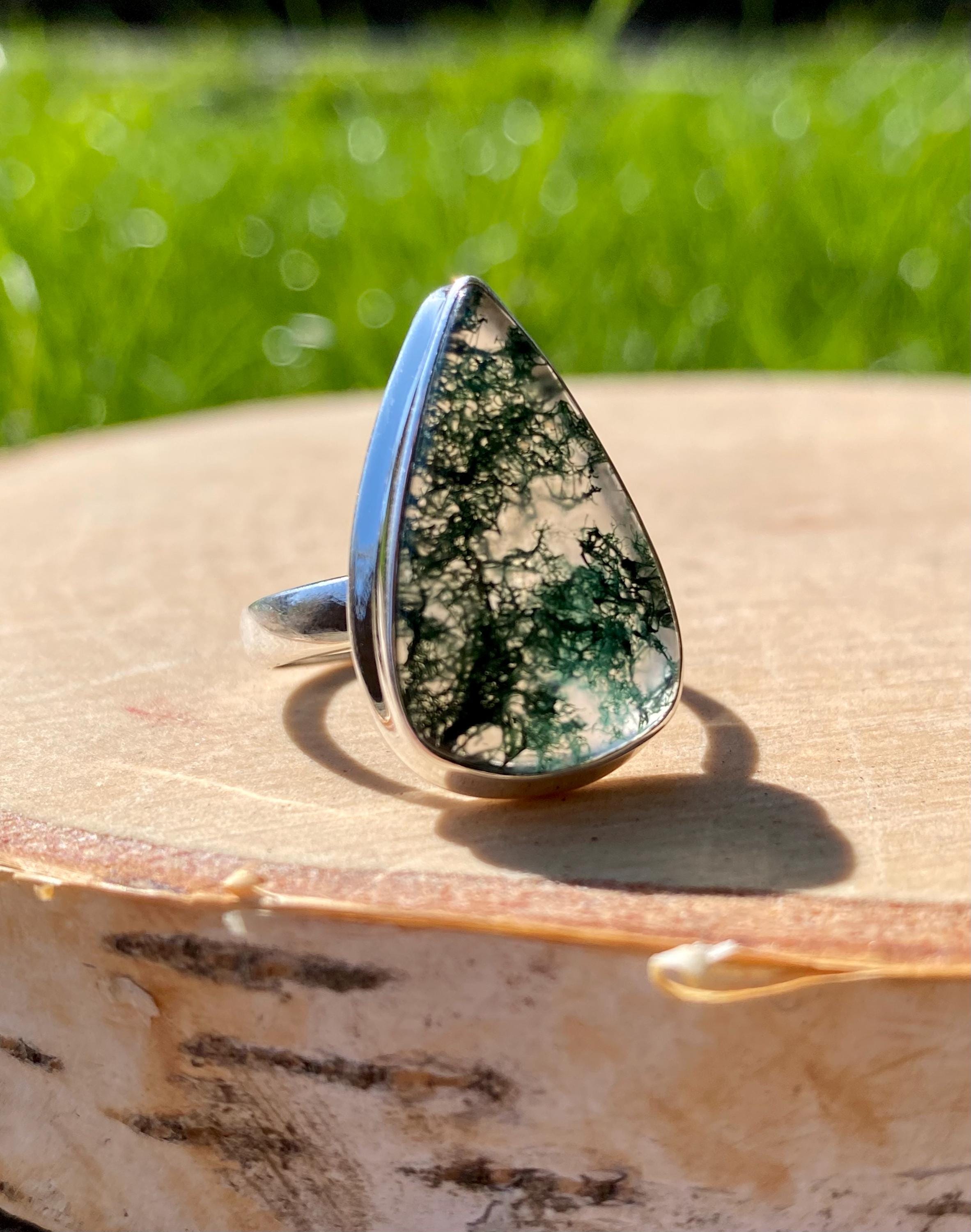 Moss Agate Sterling Silver Teardrop Ring