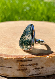 Moss Agate Sterling Silver Teardrop Ring