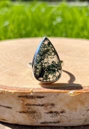 Moss Agate Sterling Silver Teardrop Ring