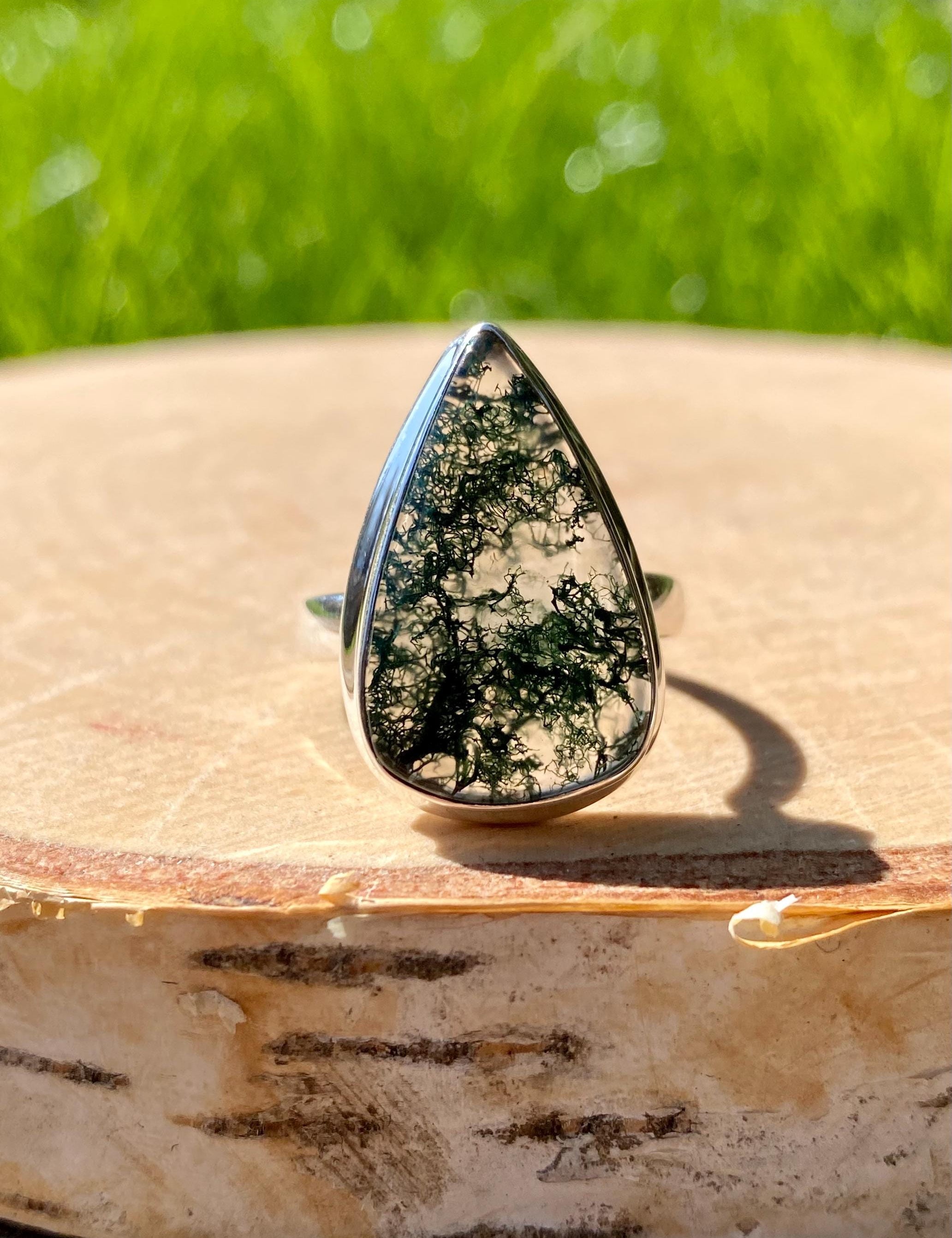 Moss Agate Sterling Silver Teardrop Ring